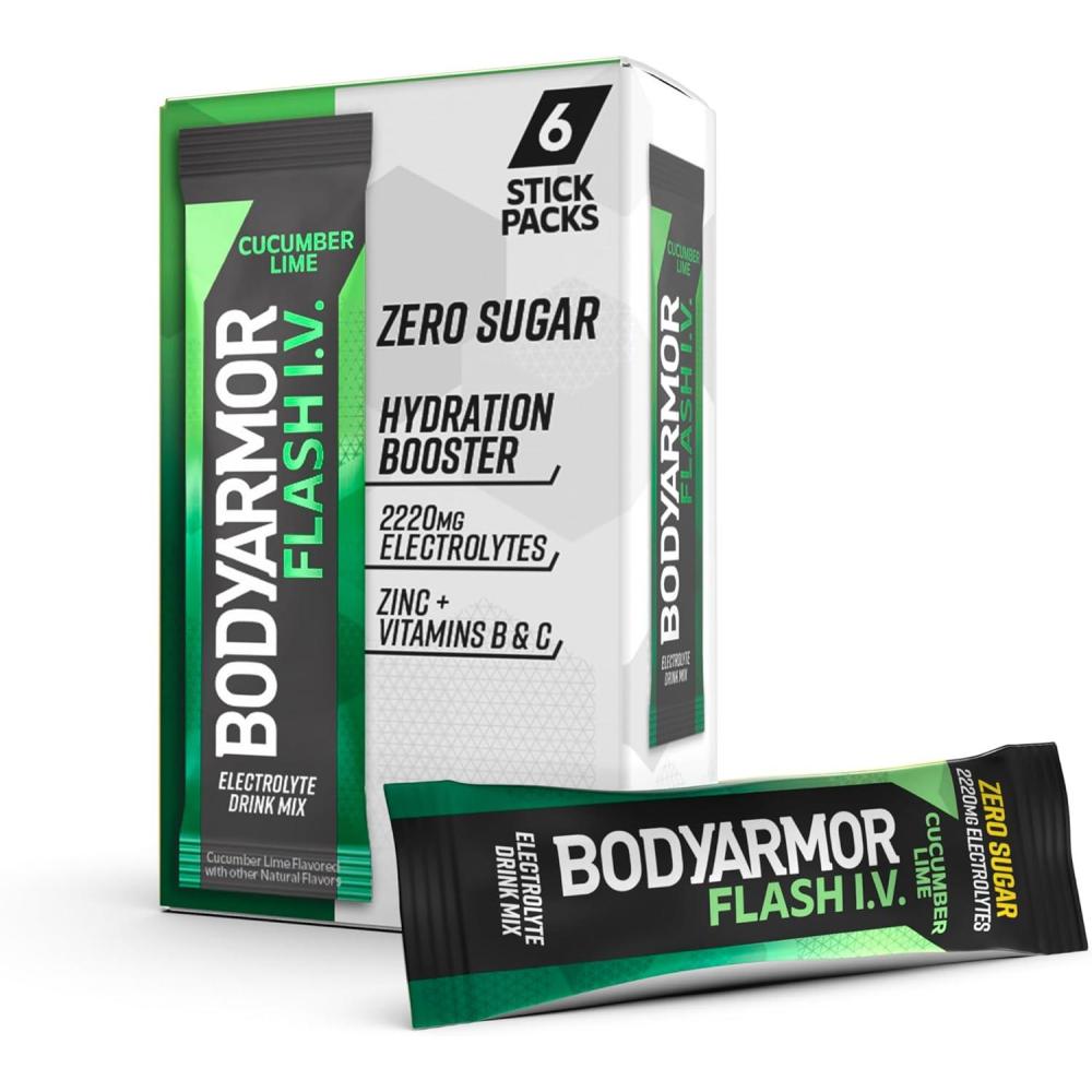 imageBODYARMOR Caffeinated Flash IV Electrolyte Packets  Dragonfruit Berry  Zero Sugar Energy Drink Mix Single Serve Packs Hydration for Pre Workout Travel Essentials Active Lifestyle 6 CountCucumber Lime