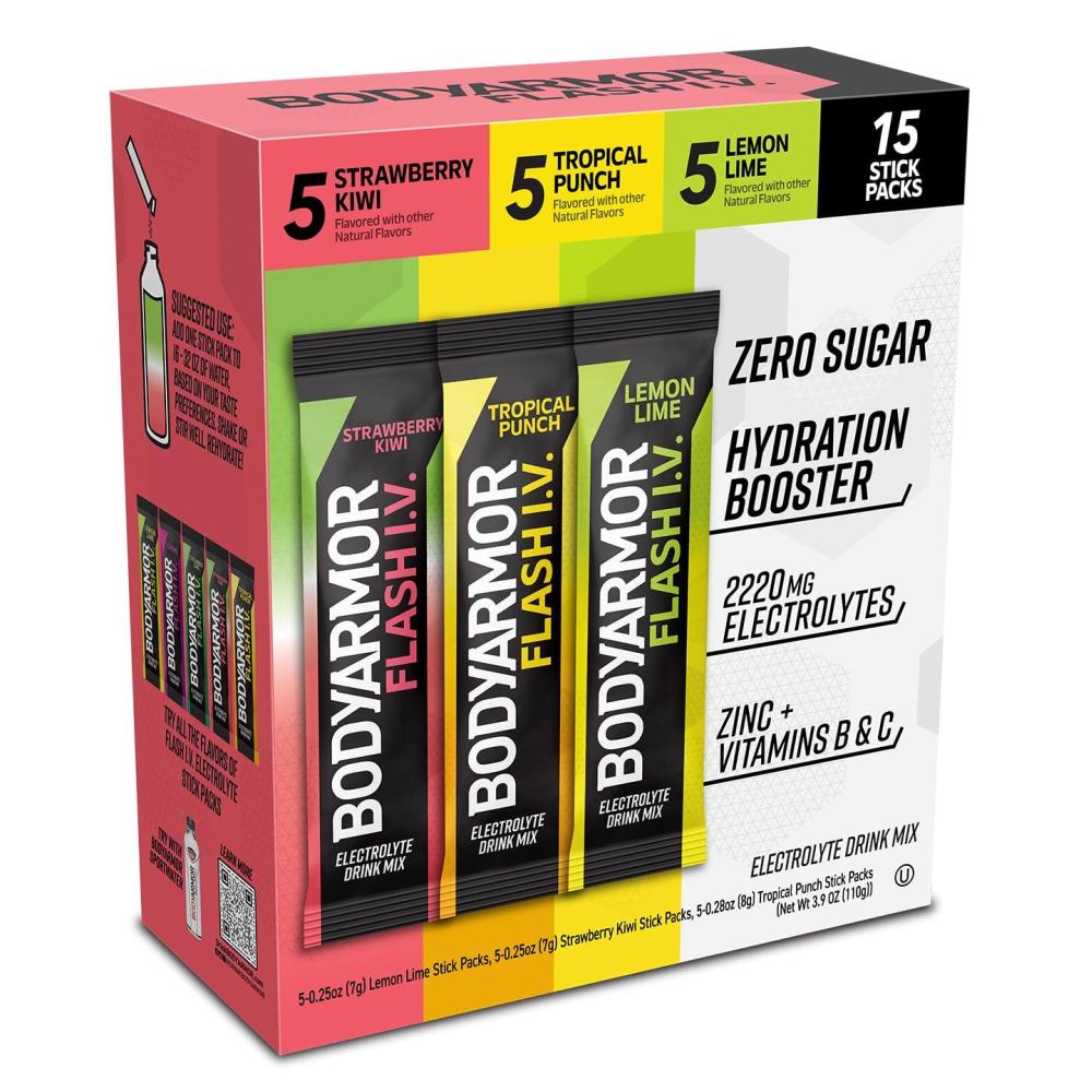 imageBODYARMOR Flash IV Electrolyte Packets Lemon Lime  Zero Sugar Drink Mix Single Serve Packs Coconut Water Powder 15 CountVariety Pack