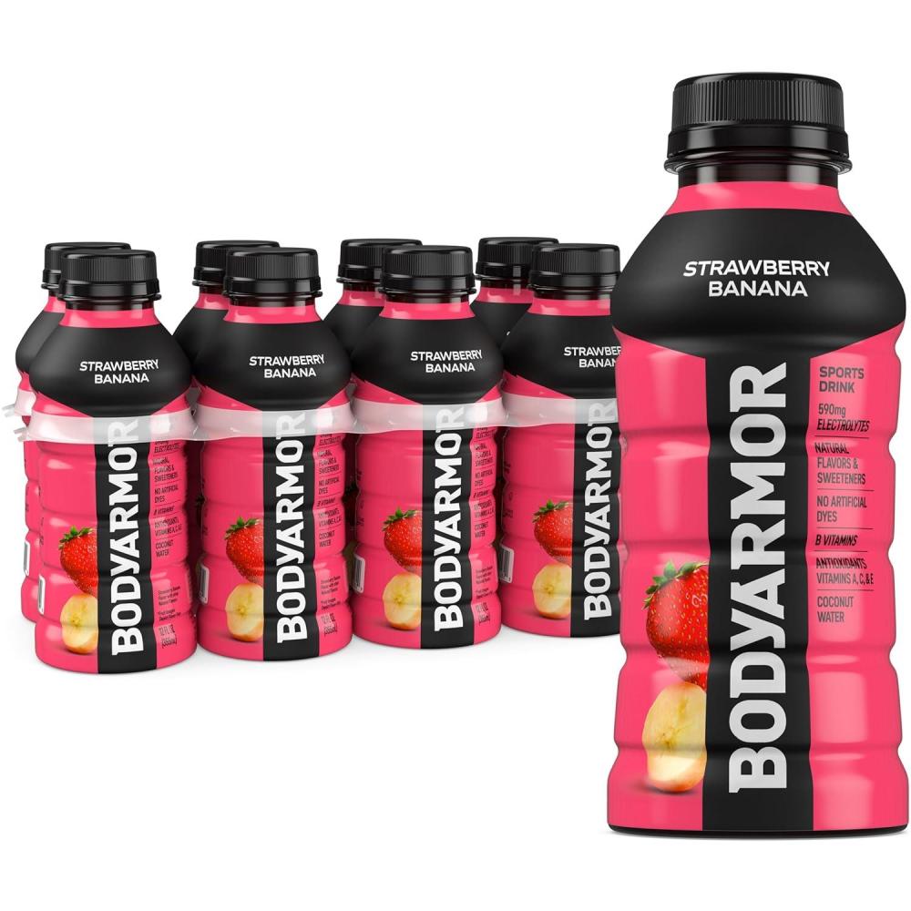 imageBODYARMOR Sports Drink Sports Beverage Strawberry Banana Coconut Water Hydration Natural Flavors With Vitamins PotassiumPacked Electrolytes Perfect For Athletes 12 Fl Oz Pack of 8Strawberry Banana