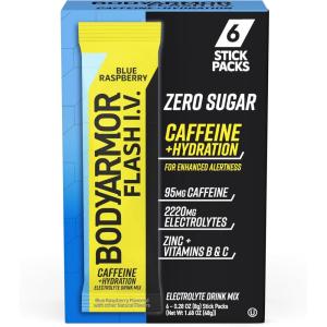 BODYARMOR Caffeinated Flash I.V. Electrolyte Packets – Dragonfruit Berry – Zero Sugar Energy Drink Mix, Single Serve Packs, Hydration for Pre Workout, Travel Essentials, Active Lifestyle (6 Count)(Caffeinated Blue Raspberry)