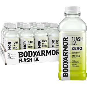 BODYARMOR Flash I.V. Electrolyte Beverage, Strawberry Kiwi, Hydration Drink with Coconut Water For Rapid Rehydration, Post Workout Recovery, 20 Fl Oz (Pack of 12)(Zero Sugar – Lemon Lime)