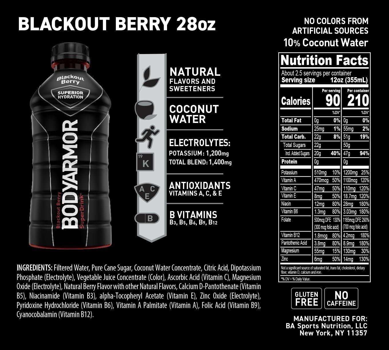 imageBODYARMOR Sports Drink Sports Beverage Blackout Berry Coconut Water Hydration Natural Flavors With Vitamins PotassiumPacked Electrolytes Perfect For Athletes 28 Fl Oz Pack of 12Blackout Berry