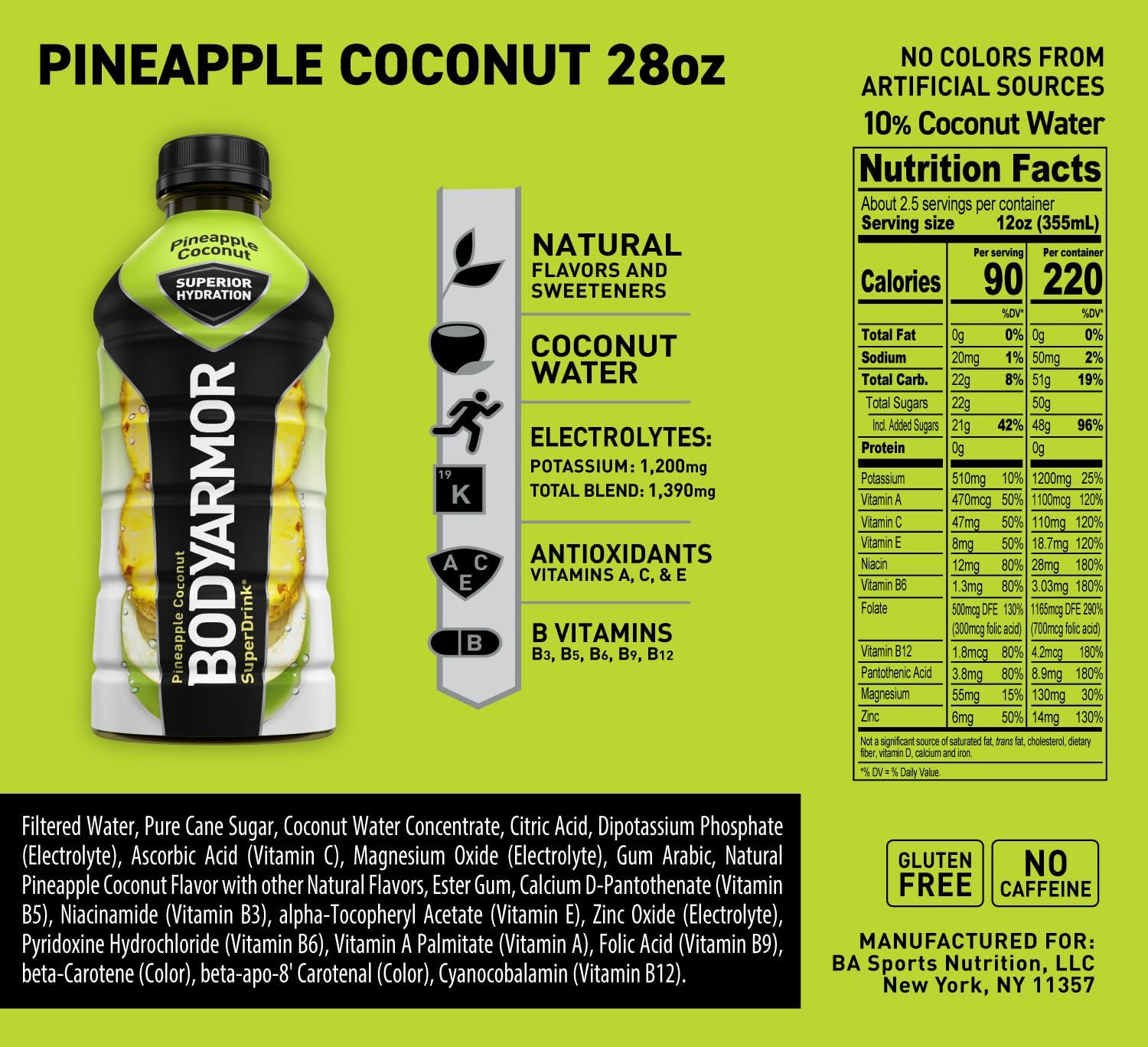 imageBODYARMOR Sports Drink Sports Beverage Blackout Berry Coconut Water Hydration Natural Flavors With Vitamins PotassiumPacked Electrolytes Perfect For Athletes 28 Fl Oz Pack of 12Pineapple Coconut