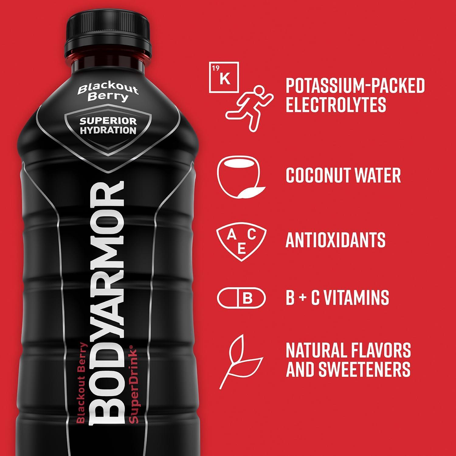imageBODYARMOR Sports Drink Sports Beverage Blackout Berry Coconut Water Hydration Natural Flavors With Vitamins PotassiumPacked Electrolytes Perfect For Athletes 28 Fl Oz Pack of 12Blackout Berry