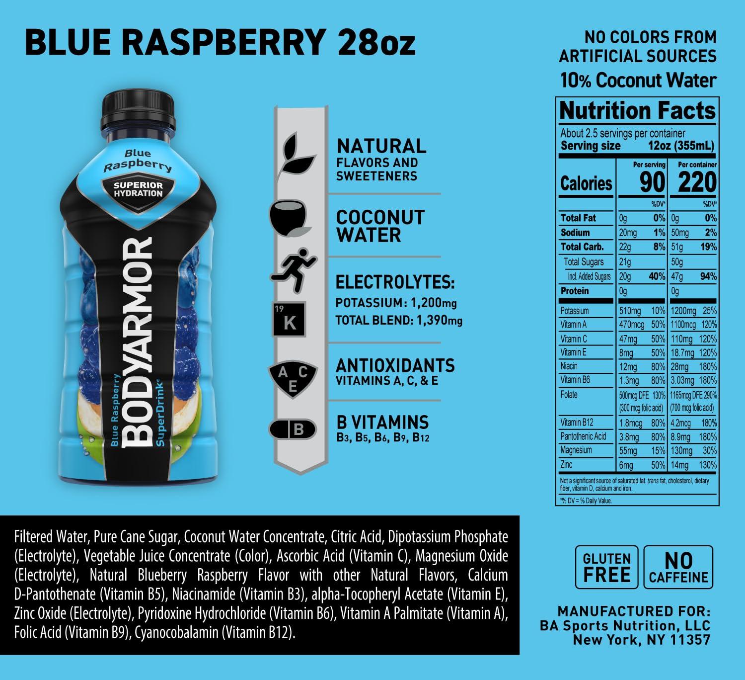 imageBODYARMOR Sports Drink Sports Beverage Blue Raspberry Coconut Water Hydration Natural Flavors With Vitamins PotassiumPacked Electrolytes Perfect For Athletes 28 Fl Oz Pack of 12