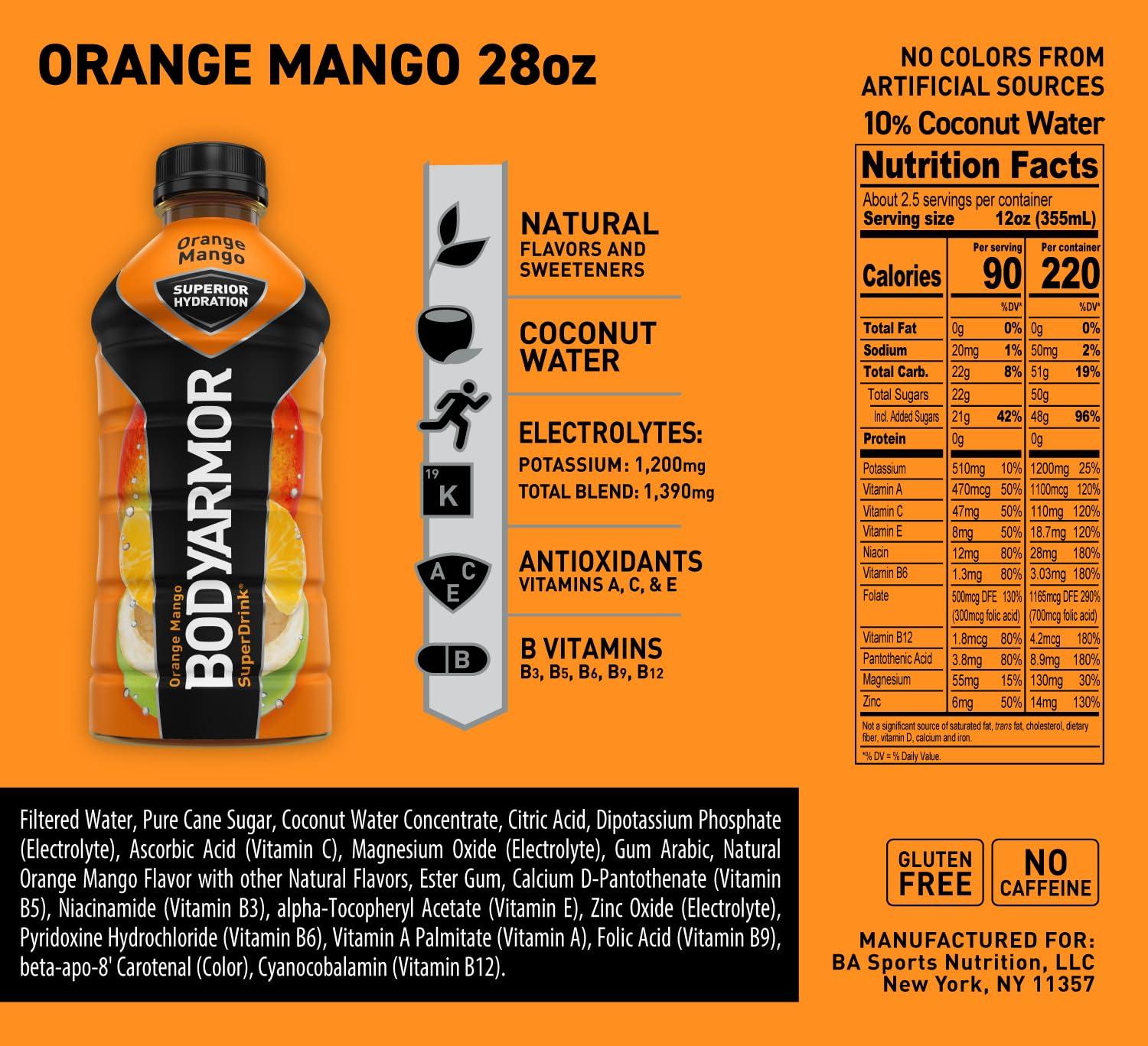 imageBODYARMOR Sports Drink Sports Beverage Orange Mango Coconut Water Hydration Natural Flavors With Vitamins PotassiumPacked Electrolytes Perfect For Athletes 28 Fl Oz Pack of 12