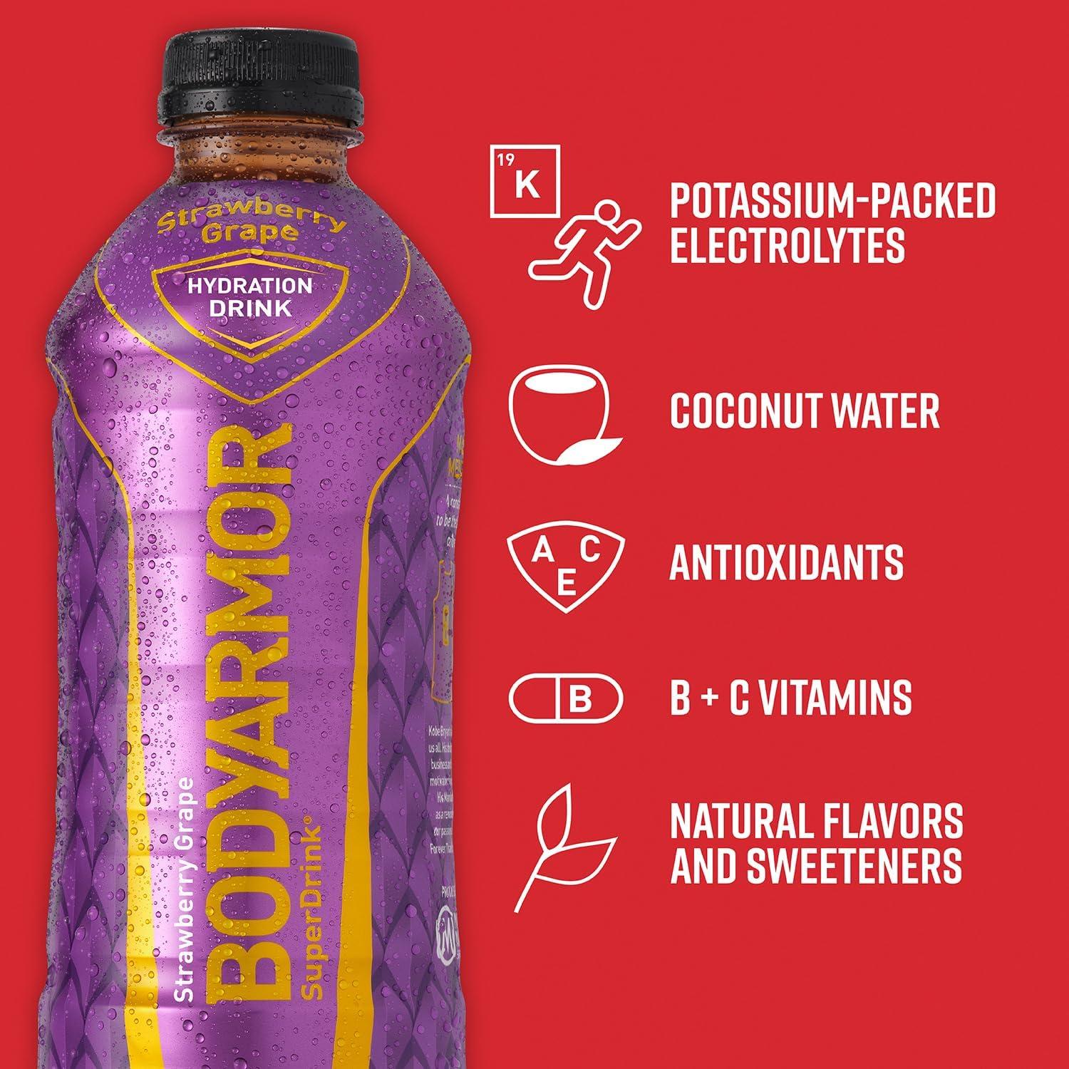 imageBODYARMOR Sports Drink Sports Beverage Strawberry Grape Coconut Water Hydration Natural Flavors With Vitamins PotassiumPacked Electrolytes Perfect For Athletes 28 Fl Oz Pack of 12