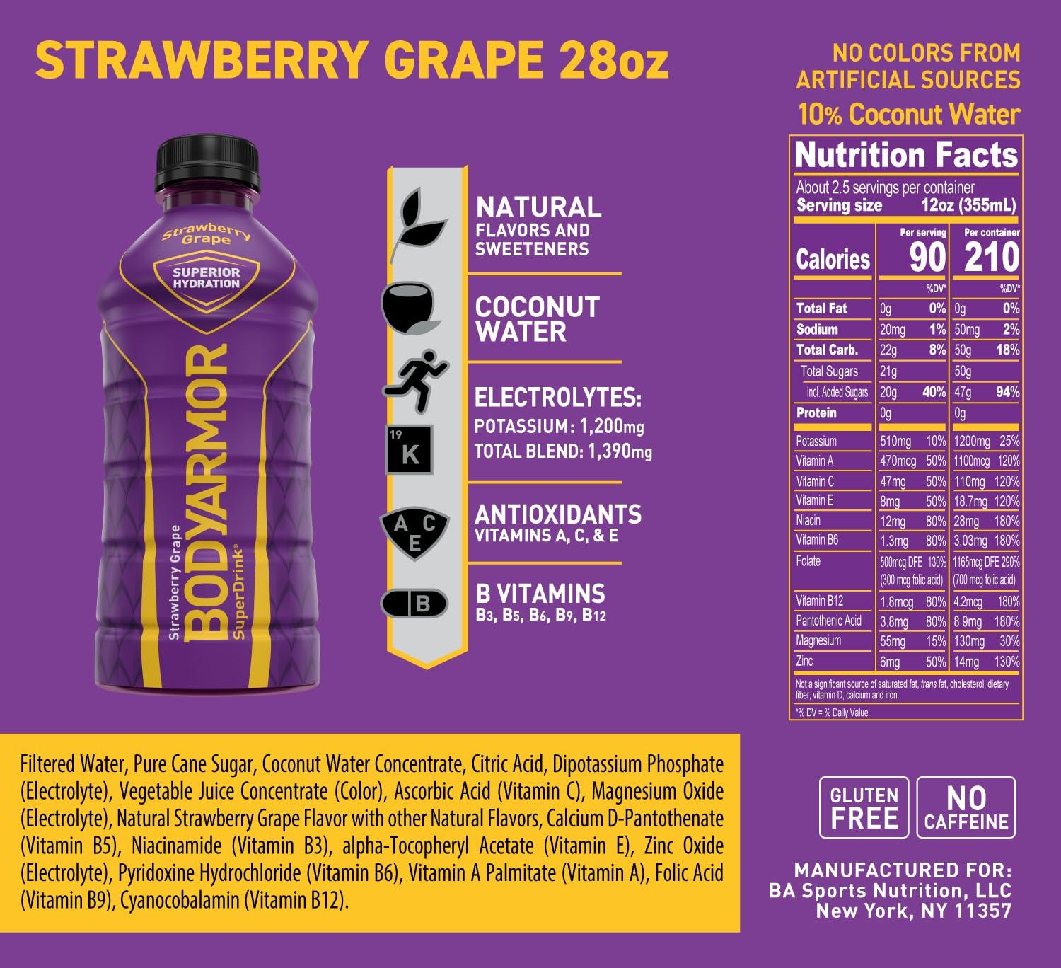 imageBODYARMOR Sports Drink Sports Beverage Strawberry Grape Coconut Water Hydration Natural Flavors With Vitamins PotassiumPacked Electrolytes Perfect For Athletes 28 Fl Oz Pack of 12