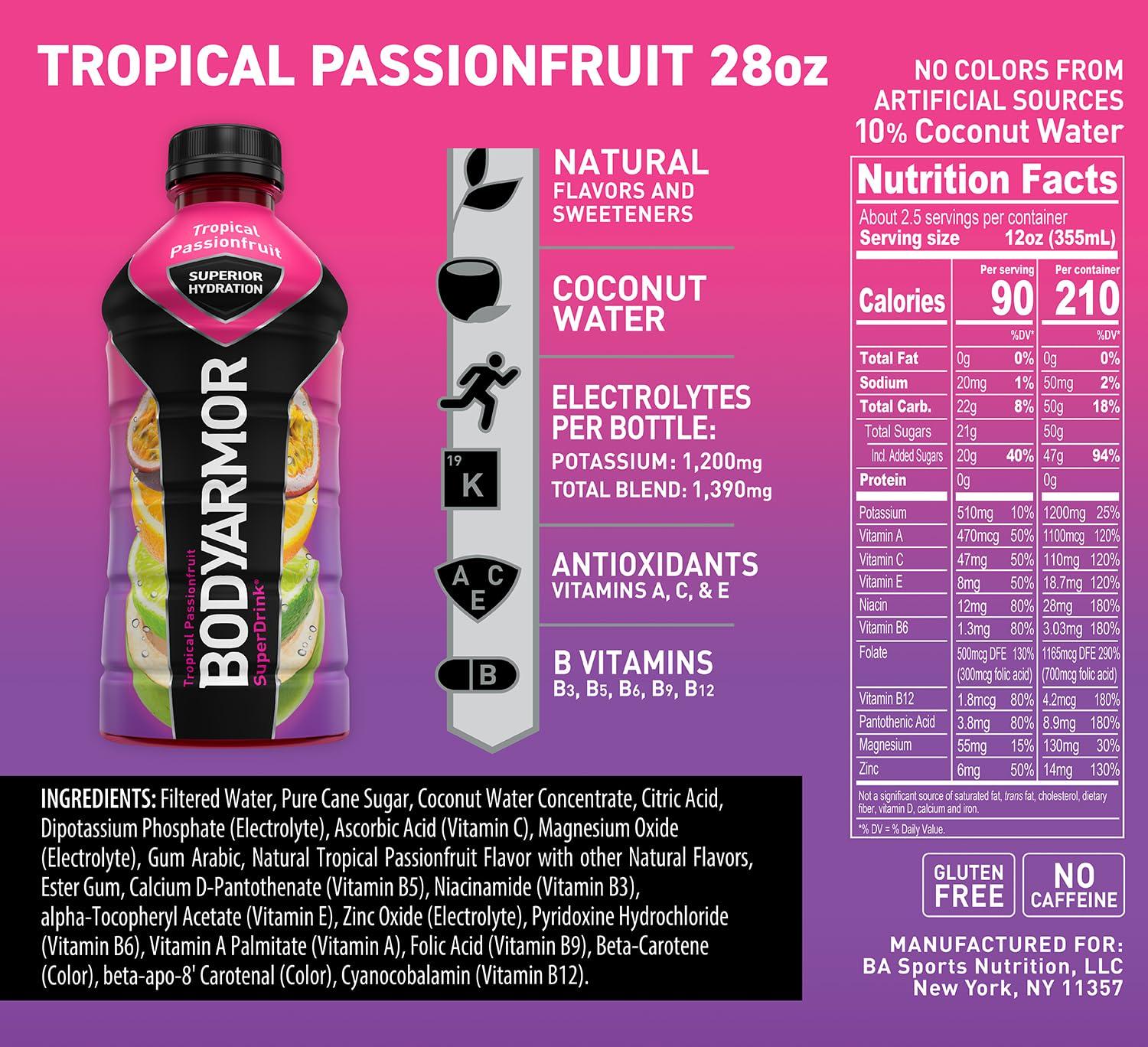 imageBODYARMOR Sports Drink Sports Beverage Tropical Passionfruit Coconut Water Hydration Natural Flavors With Vitamins PotassiumPacked Electrolytes Perfect For Athletes 28 Fl Oz Pack of 12