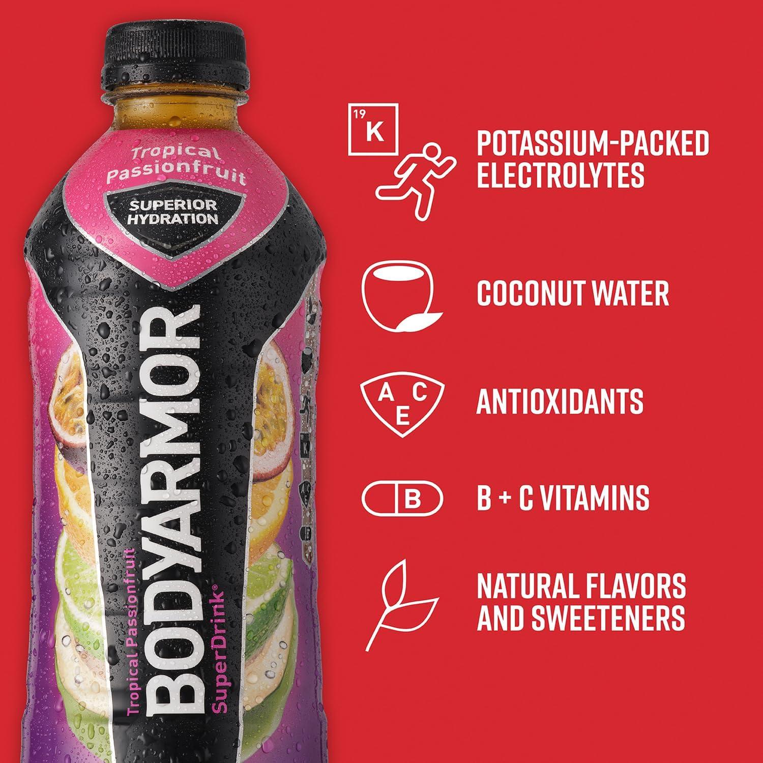 imageBODYARMOR Sports Drink Sports Beverage Tropical Passionfruit Coconut Water Hydration Natural Flavors With Vitamins PotassiumPacked Electrolytes Perfect For Athletes 28 Fl Oz Pack of 12