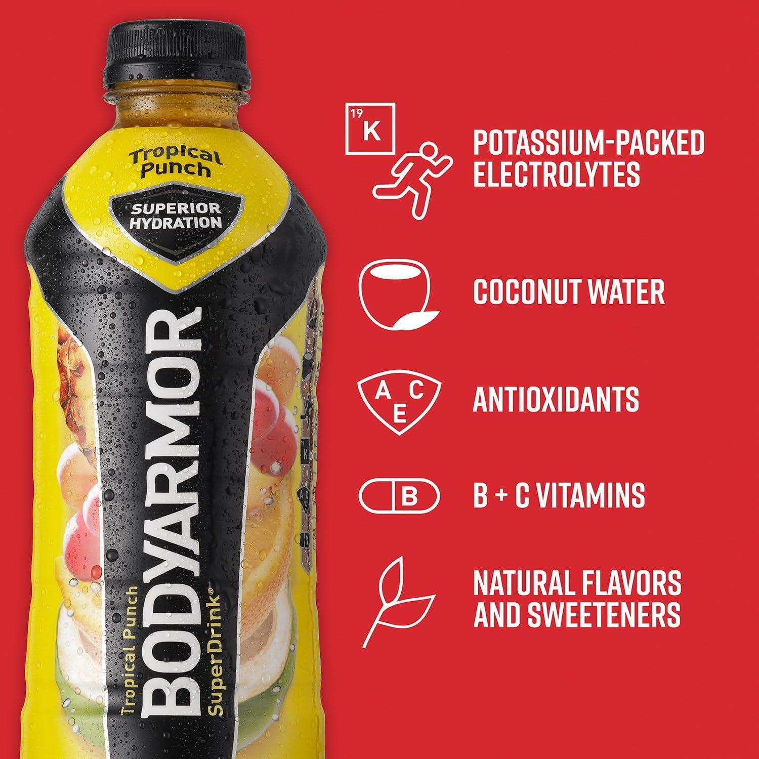 imageBODYARMOR Sports Drink Sports Beverage Tropical Punch Coconut Water Hydration Natural Flavor With Vitamins PotassiumPacked Electrolytes Perfect For Athletes 28 Fl Oz Pack of 12