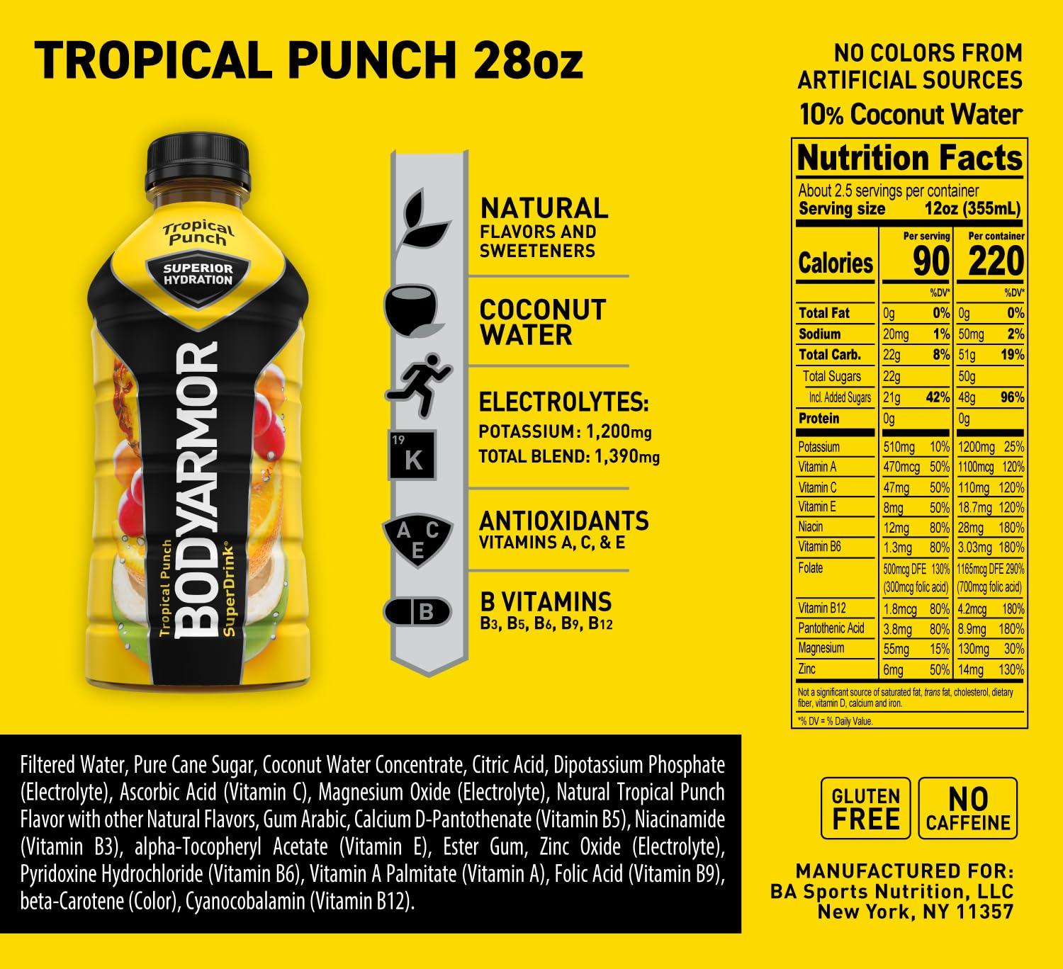 imageBODYARMOR Sports Drink Sports Beverage Tropical Punch Coconut Water Hydration Natural Flavor With Vitamins PotassiumPacked Electrolytes Perfect For Athletes 28 Fl Oz Pack of 12