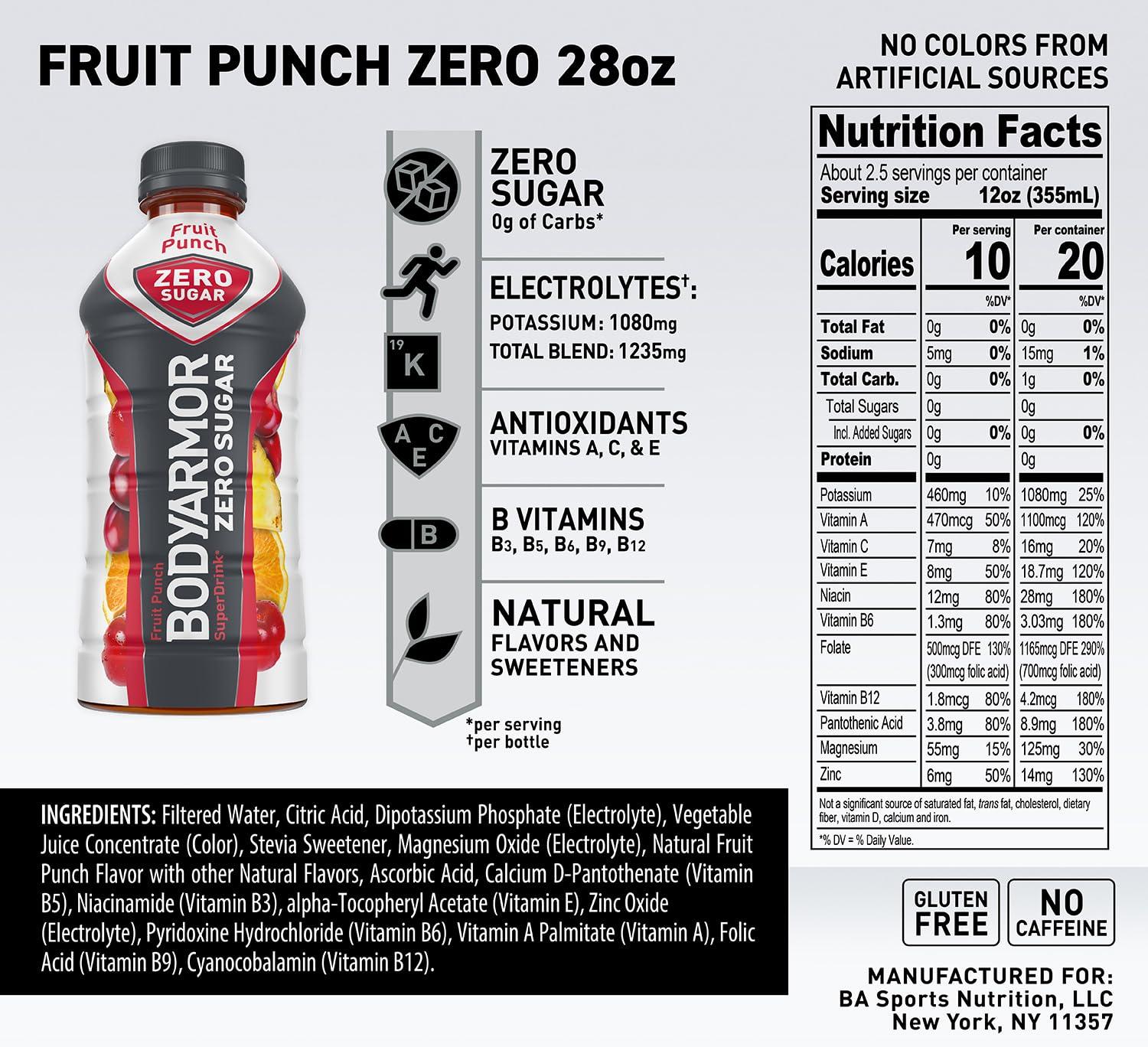 imageBODYARMOR ZERO Sugar Fruit Punch Sugar Free Sports Drink LowCalorie Hydration Natural Flavors with Potassium Packed Electrolytes Antioxidants and Bvitamins 28 fl oz Pack of 12