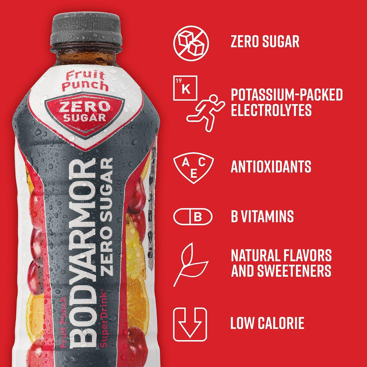 imageBODYARMOR ZERO Sugar Fruit Punch Sugar Free Sports Drink LowCalorie Hydration Natural Flavors with Potassium Packed Electrolytes Antioxidants and Bvitamins 28 fl oz Pack of 12