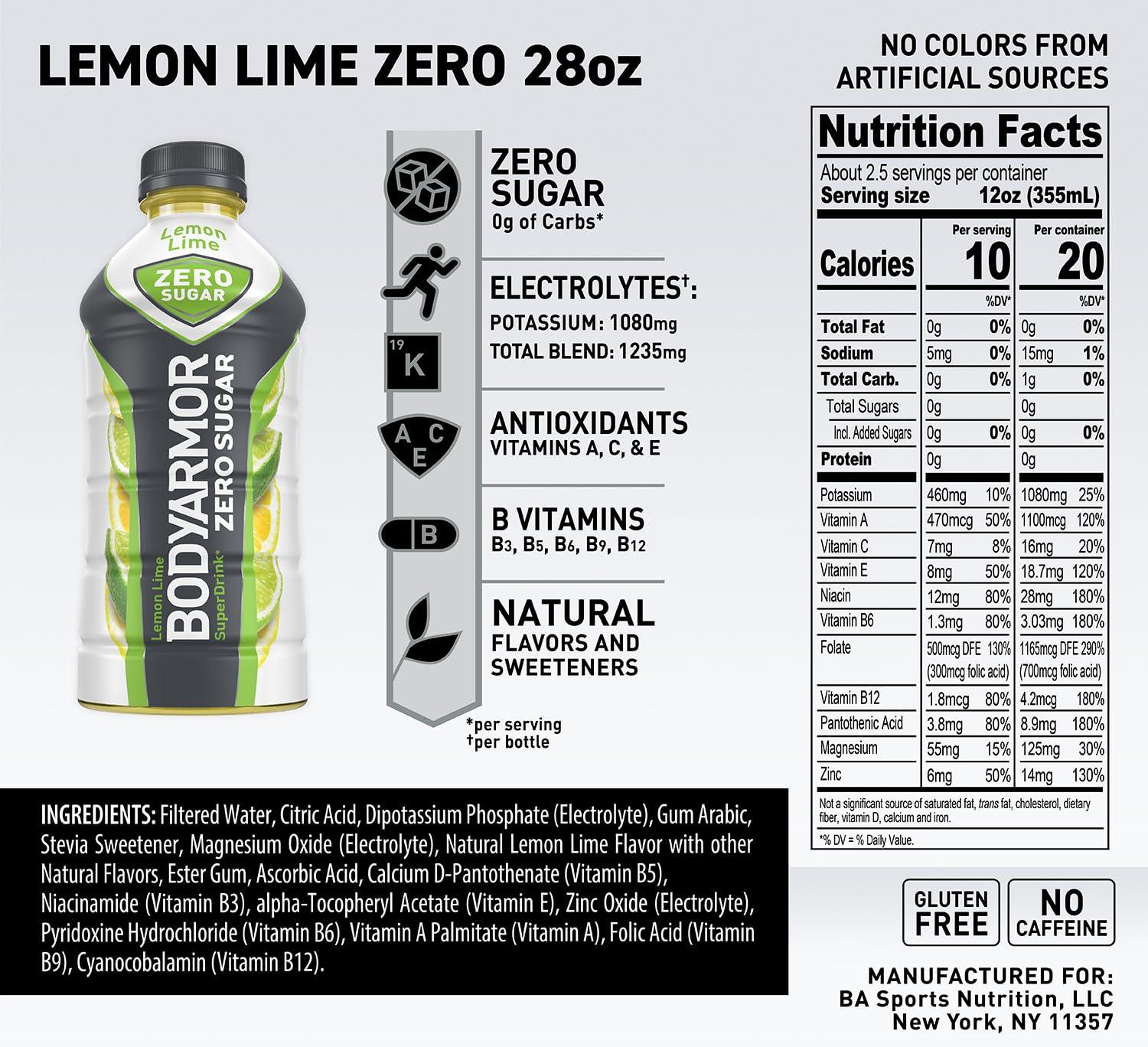 imageBODYARMOR ZERO Sugar Lemon Lime Sugar Free Sports Drink LowCalorie Hydration Natural Flavors with Potassium Packed Electrolytes Antioxidants and Bvitamins 28 fl oz Pack of 12