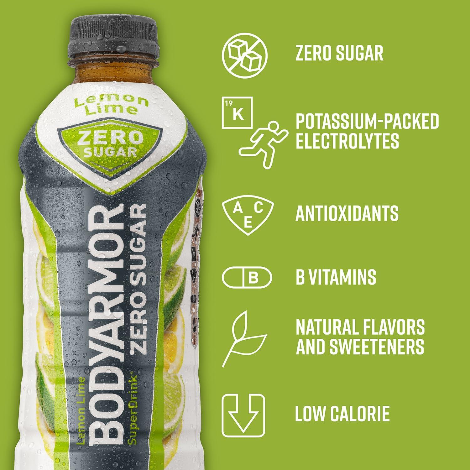 imageBODYARMOR ZERO Sugar Lemon Lime Sugar Free Sports Drink LowCalorie Hydration Natural Flavors with Potassium Packed Electrolytes Antioxidants and Bvitamins 28 fl oz Pack of 12