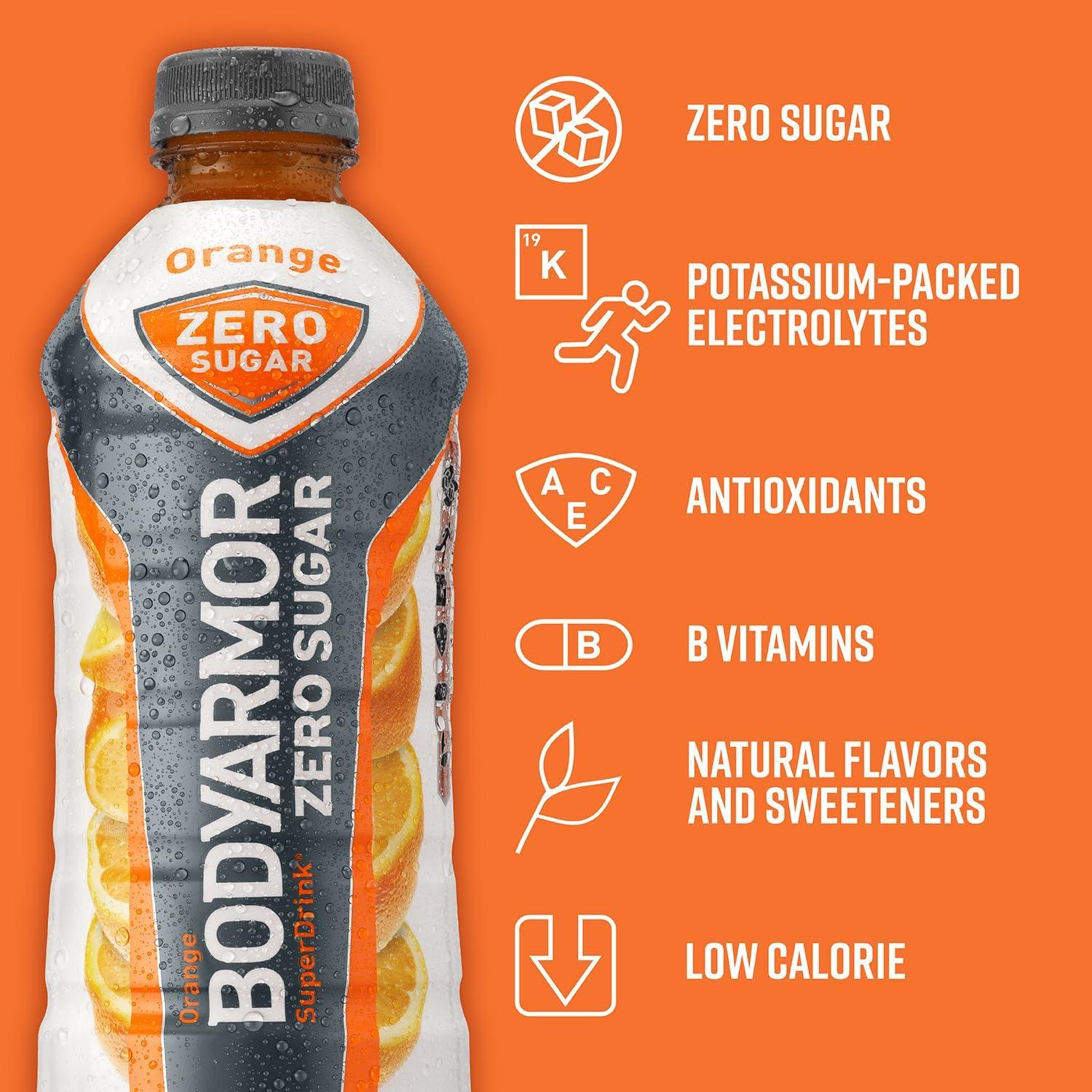 imageBODYARMOR ZERO Sugar Orange Sugar Free Sports Drink LowCalorie Hydration Natural Flavors with Potassium Packed Electrolytes Antioxidants and Bvitamins 28 fl oz Pack of 12