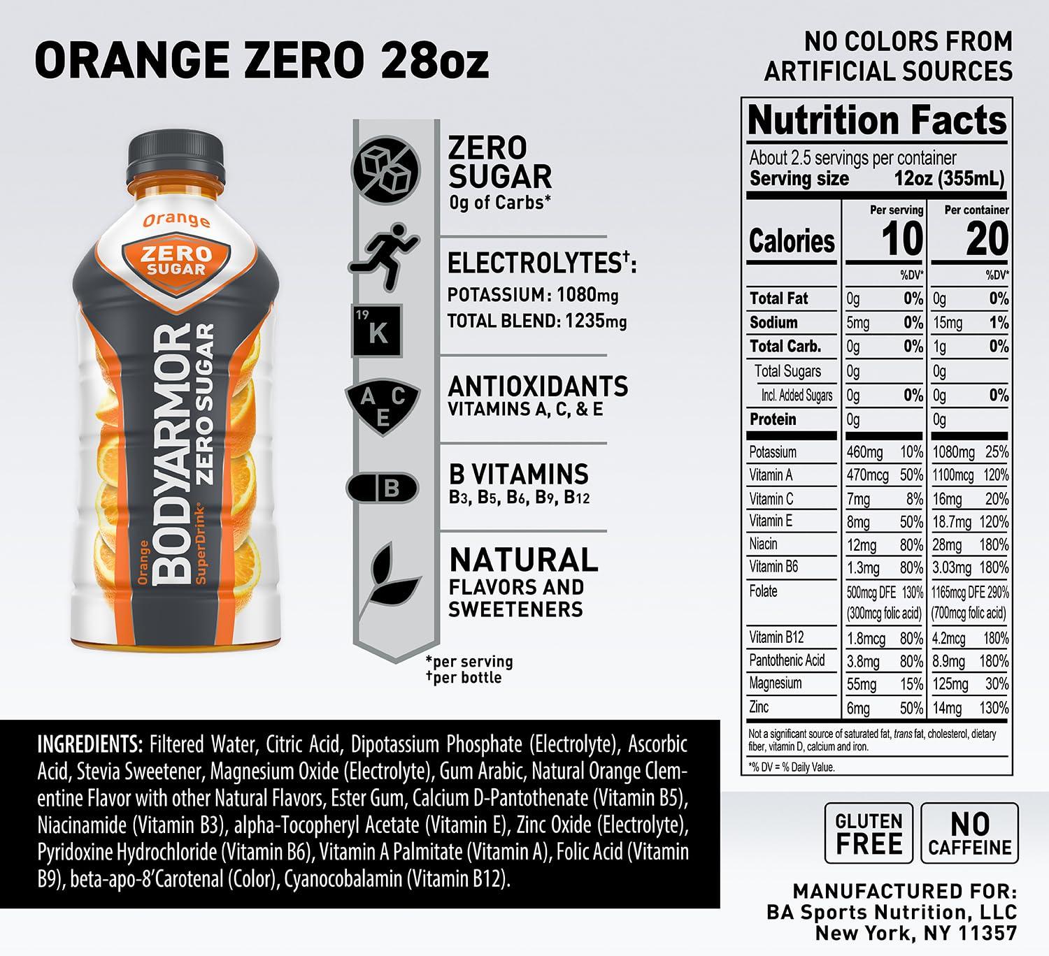 imageBODYARMOR ZERO Sugar Orange Sugar Free Sports Drink LowCalorie Hydration Natural Flavors with Potassium Packed Electrolytes Antioxidants and Bvitamins 28 fl oz Pack of 12