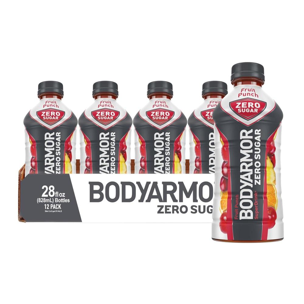imageBODYARMOR ZERO Sugar Fruit Punch Sugar Free Sports Drink LowCalorie Hydration Natural Flavors with Potassium Packed Electrolytes Antioxidants and Bvitamins 28 fl oz Pack of 12