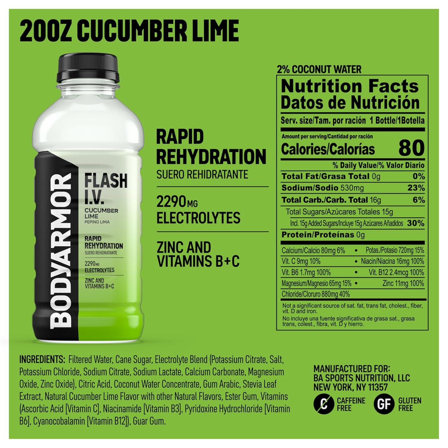 image:imageBODYARMOR FLASH IV Pineapple Passionfruit Zero Caffeine 20 fl oz bottles 12 packCucumber Lime