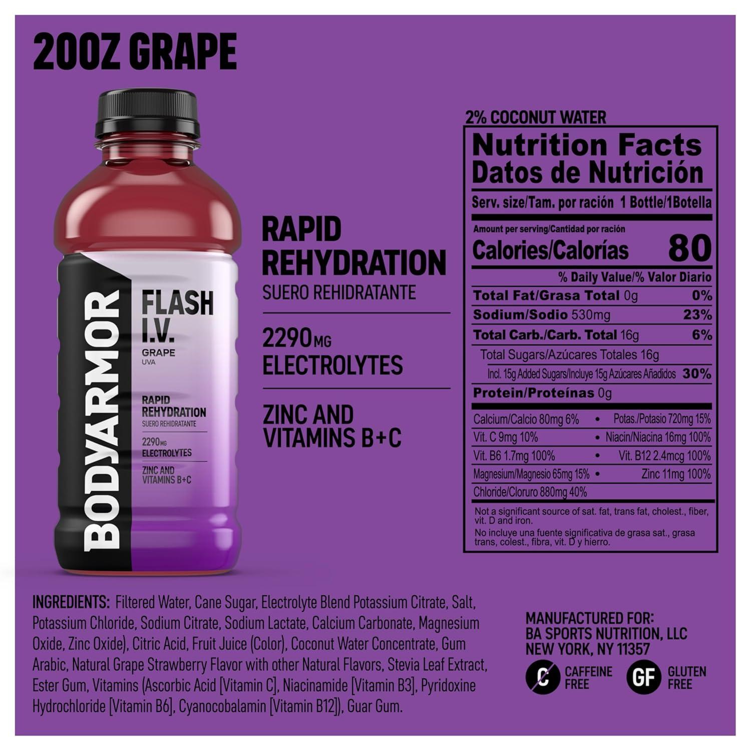image:imageBODYARMOR FLASH IV Pineapple Passionfruit Zero Caffeine 20 fl oz bottles 12 packGrape
