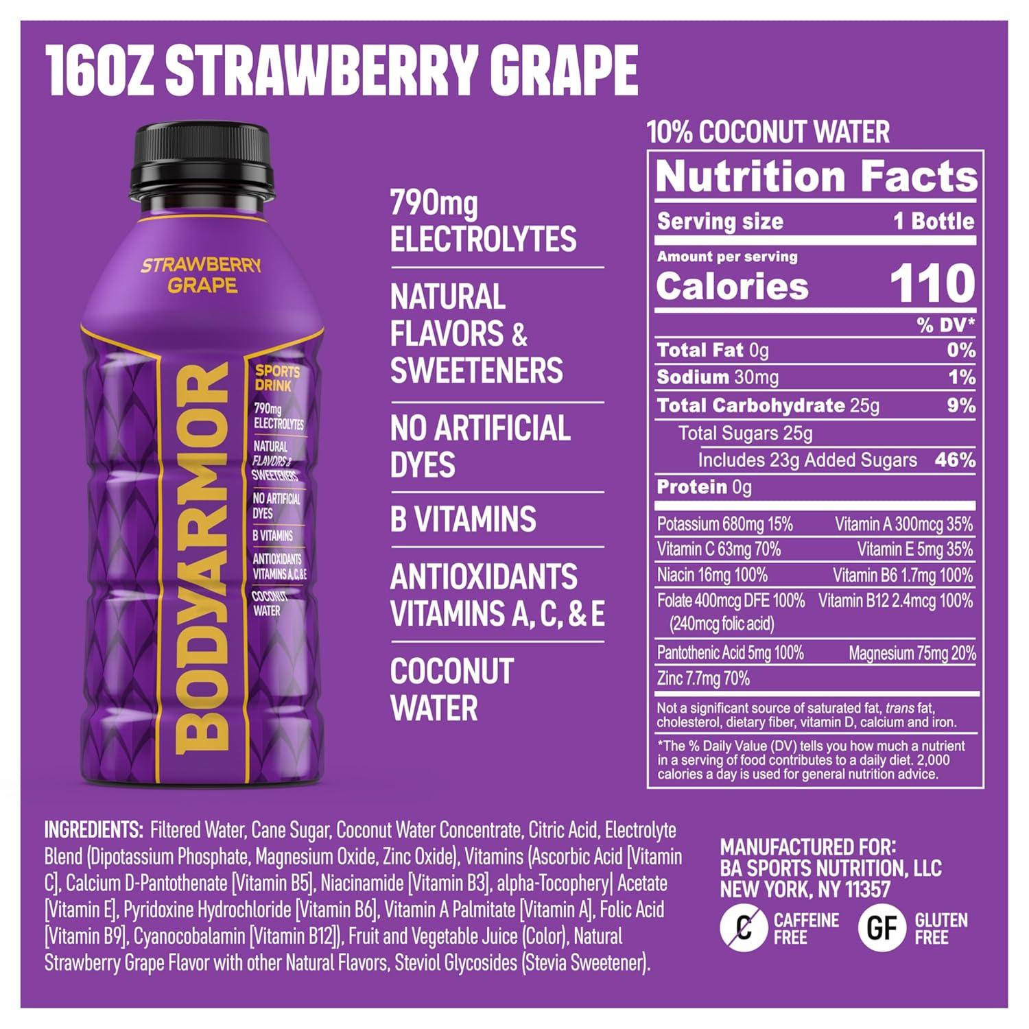 image:imageBODYARMOR Sports Drink Tropical Passionfruit Electrolyte Drink Hydration 16 Fl Oz Bottles 12 Pack Flavored Coconut Water with B Vitamins amp AntioxidantsStrawberry Grape