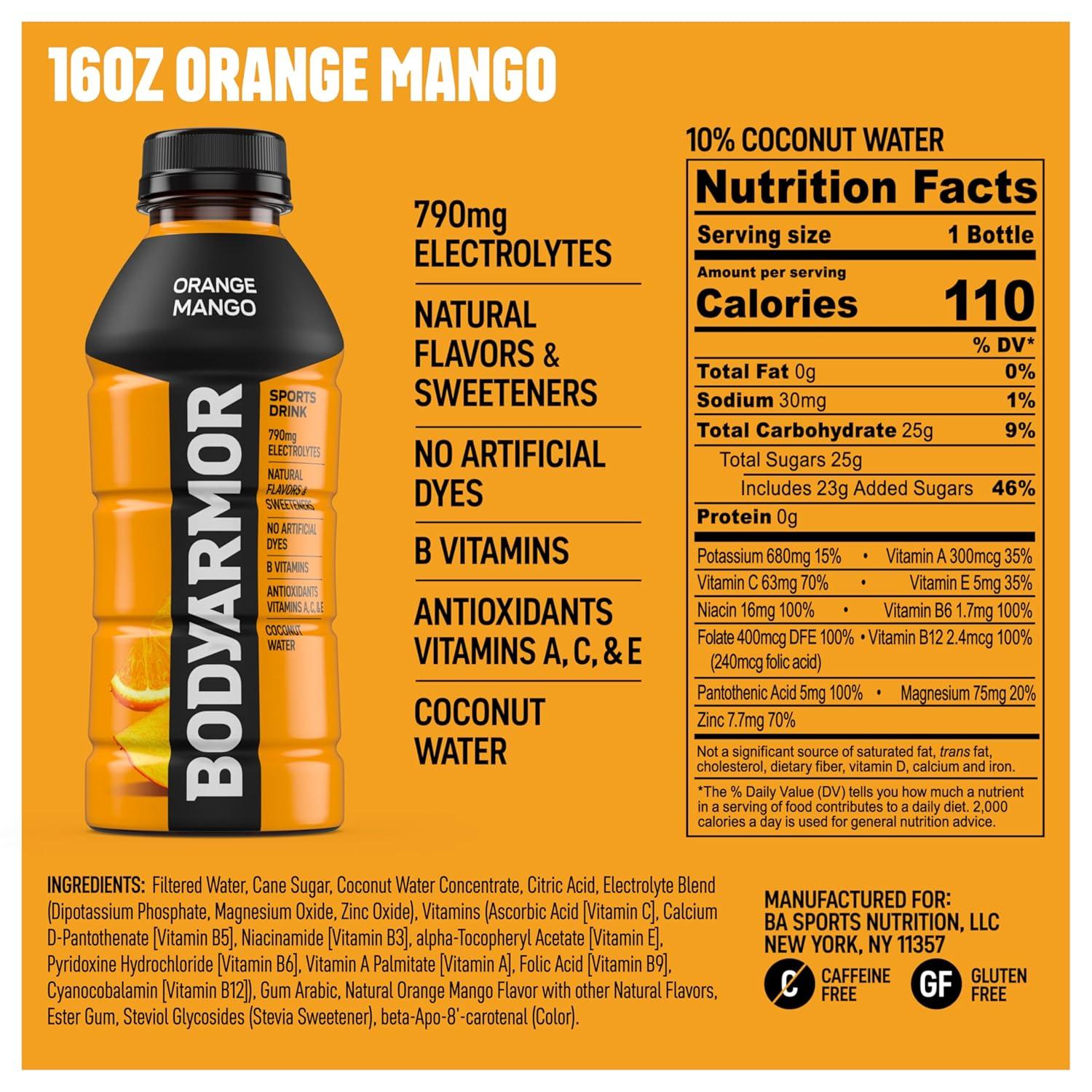 image:imageBODYARMOR Sports Drink Tropical Passionfruit Electrolyte Drink Hydration 16 Fl Oz Bottles 12 Pack Flavored Coconut Water with B Vitamins amp AntioxidantsOrange Mango