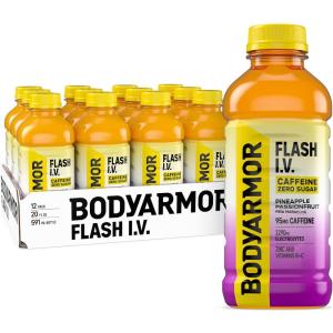 BODYARMOR FLASH I.V. Pineapple Passionfruit Zero Caffeine 20 fl oz bottles, 12 pack(Zero Sugar – Caffeinated Pineapple Passionfruit)