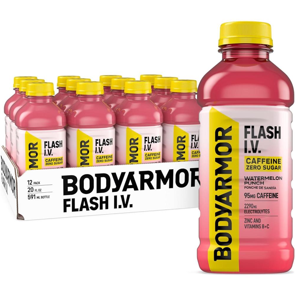 image:imageBODYARMOR Flash IV Zero Sugar Caffeine Watermelon Punch Electrolyte Beverage Hydration Drink For Rapid Rehydration Post Workout Recovery 20 Fl Oz Pack of 12