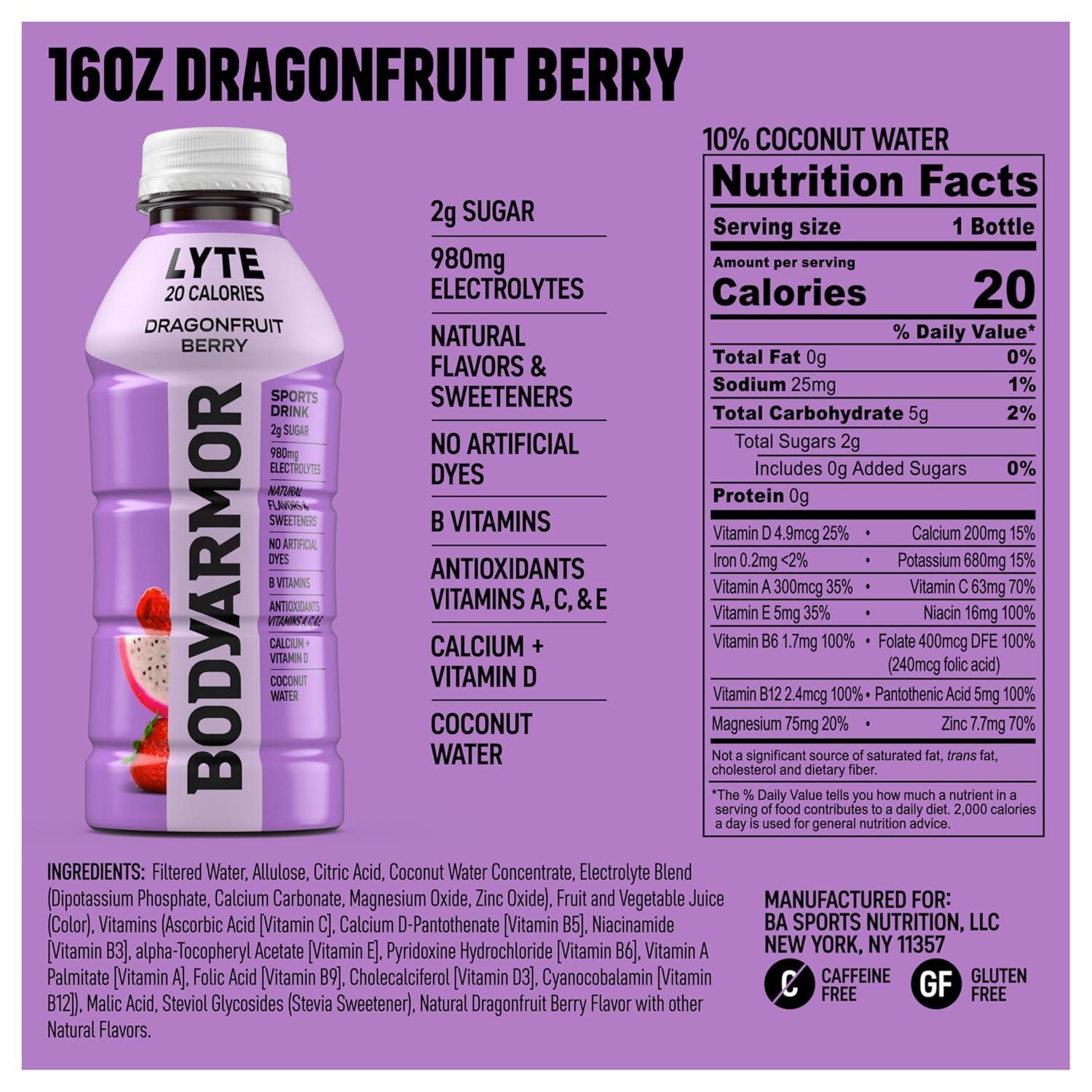 image:imageBODYARMOR LYTE Dragonfruit Berry Electrolyte Drink 20 Calories 16 Fl Oz Bottles 6 Pack Coconut Water Sports Drink Natural Flavor amp B VitaminsLyte Dragonfruit Berry