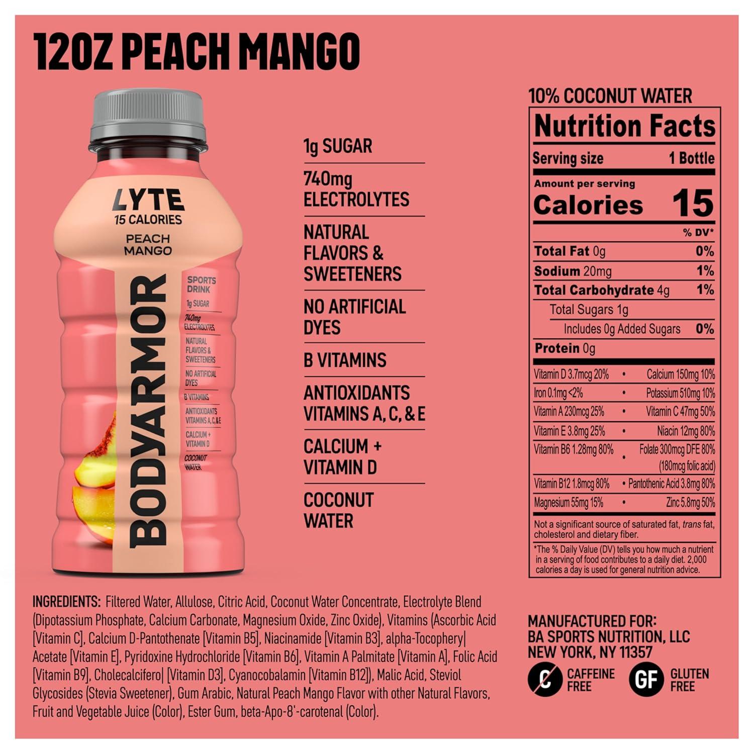 image:imageBODYARMOR LYTE Dragonfruit Berry Electrolyte Drink 20 Calories 16 Fl Oz Bottles 6 Pack Coconut Water Sports Drink Natural Flavor amp B VitaminsLyte Peach Mango