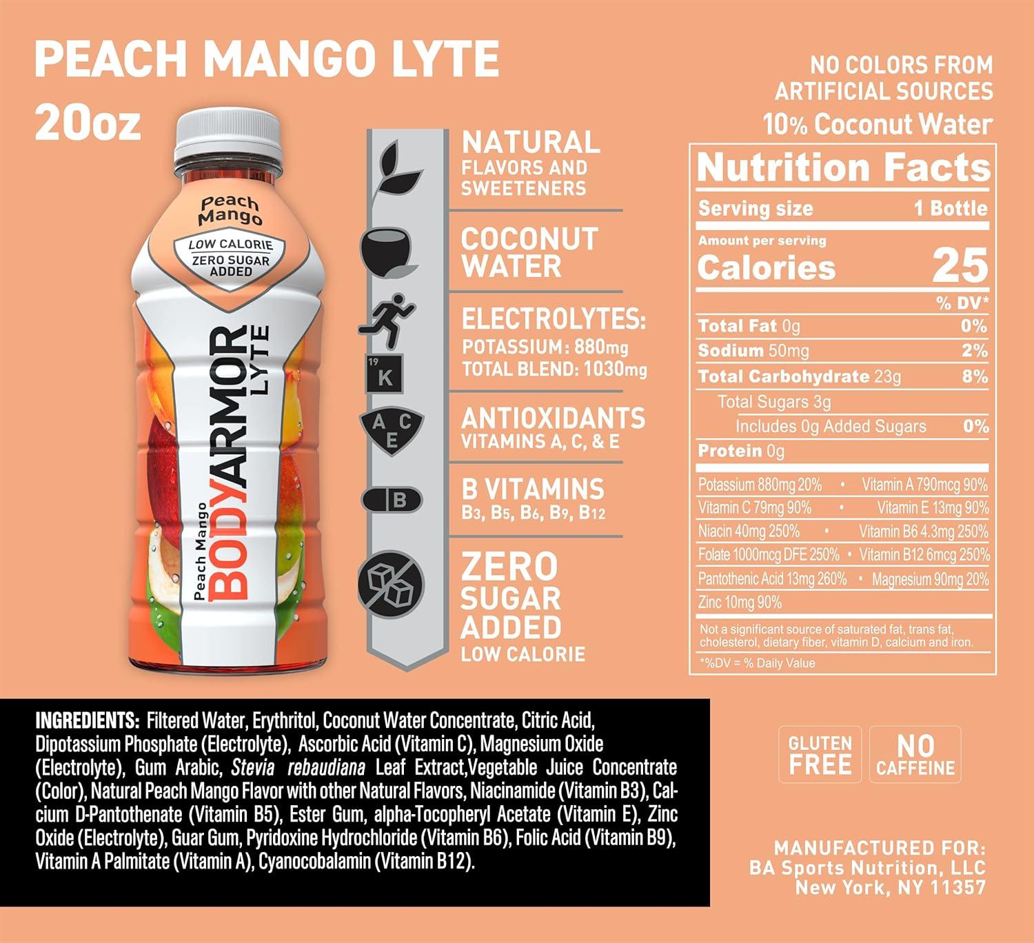 image:imageBODYARMOR LYTE Dragonfruit Berry Electrolyte Drink 20 Calories 16 Fl Oz Bottles 6 Pack Coconut Water Sports Drink Natural Flavor amp B VitaminsLyte Peach Mango