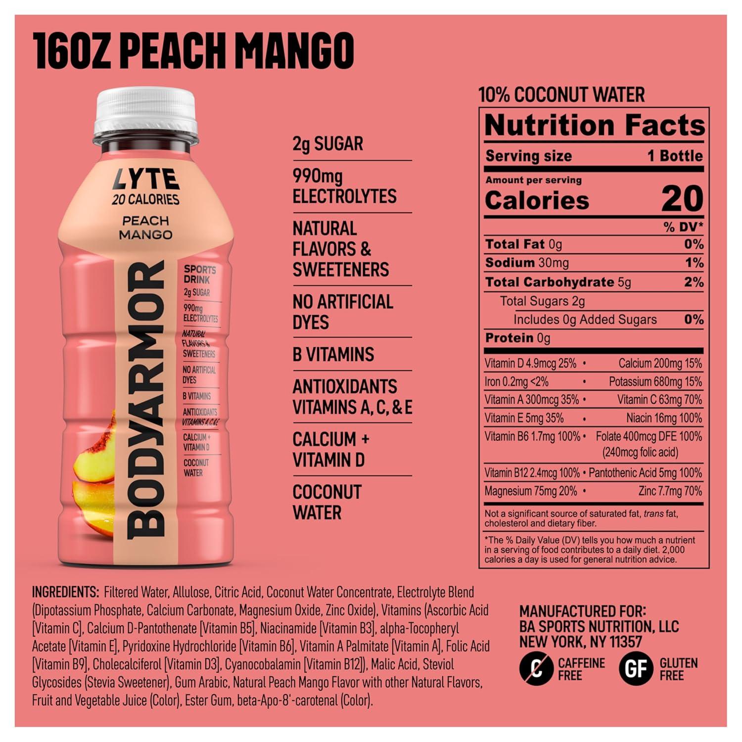 image:imageBODYARMOR LYTE Dragonfruit Berry Electrolyte Drink 20 Calories 16 Fl Oz Bottles 6 Pack Coconut Water Sports Drink Natural Flavor amp B VitaminsLyte Peach Mango