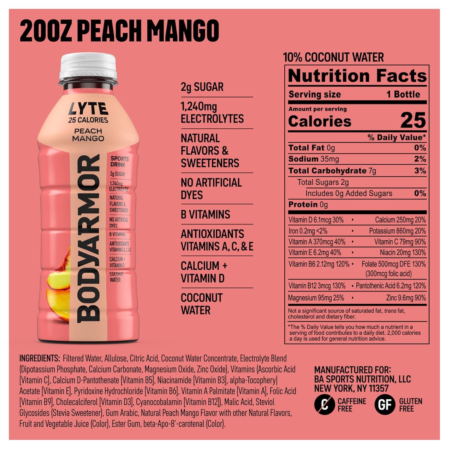 image:imageBODYARMOR LYTE Dragonfruit Berry Electrolyte Drink 20 Calories 16 Fl Oz Bottles 6 Pack Coconut Water Sports Drink Natural Flavor amp B VitaminsLyte Peach Mango