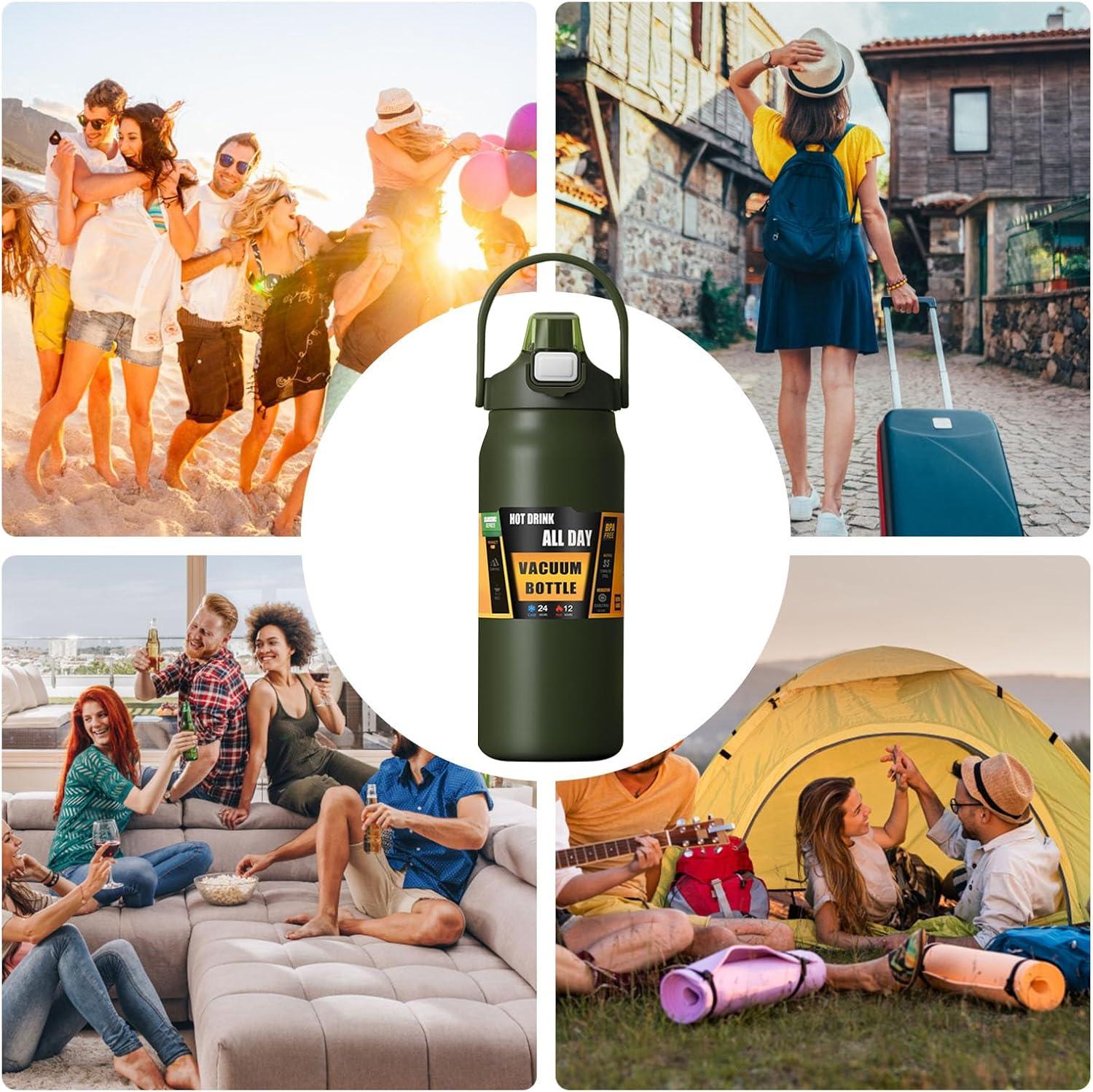 imageBouteilles Isothermes 1500ml Tasse En Acier Inoxydable Avec Paille Bouteille dEau Sportivepour Adultes Femmes Hommes cole Sport Maison Voyage Boissons Chaudes et Boissons Froides CafVert Arme