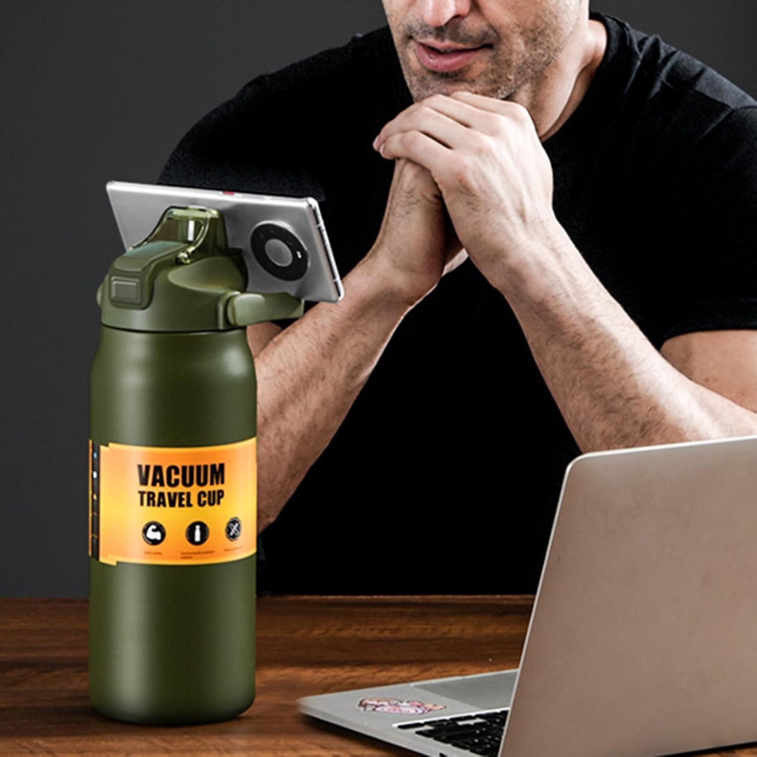 imageBouteilles Isothermes 1500ml Tasse En Acier Inoxydable Avec Paille Bouteille dEau Sportivepour Adultes Femmes Hommes cole Sport Maison Voyage Boissons Chaudes et Boissons Froides CafVert Arme