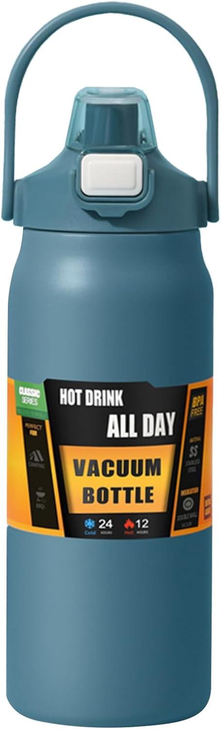 imageBouteilles Isothermes 1500ml Tasse En Acier Inoxydable Avec Paille Bouteille dEau Sportivepour Adultes Femmes Hommes cole Sport Maison Voyage Boissons Chaudes et Boissons Froides CafBleu Fonc