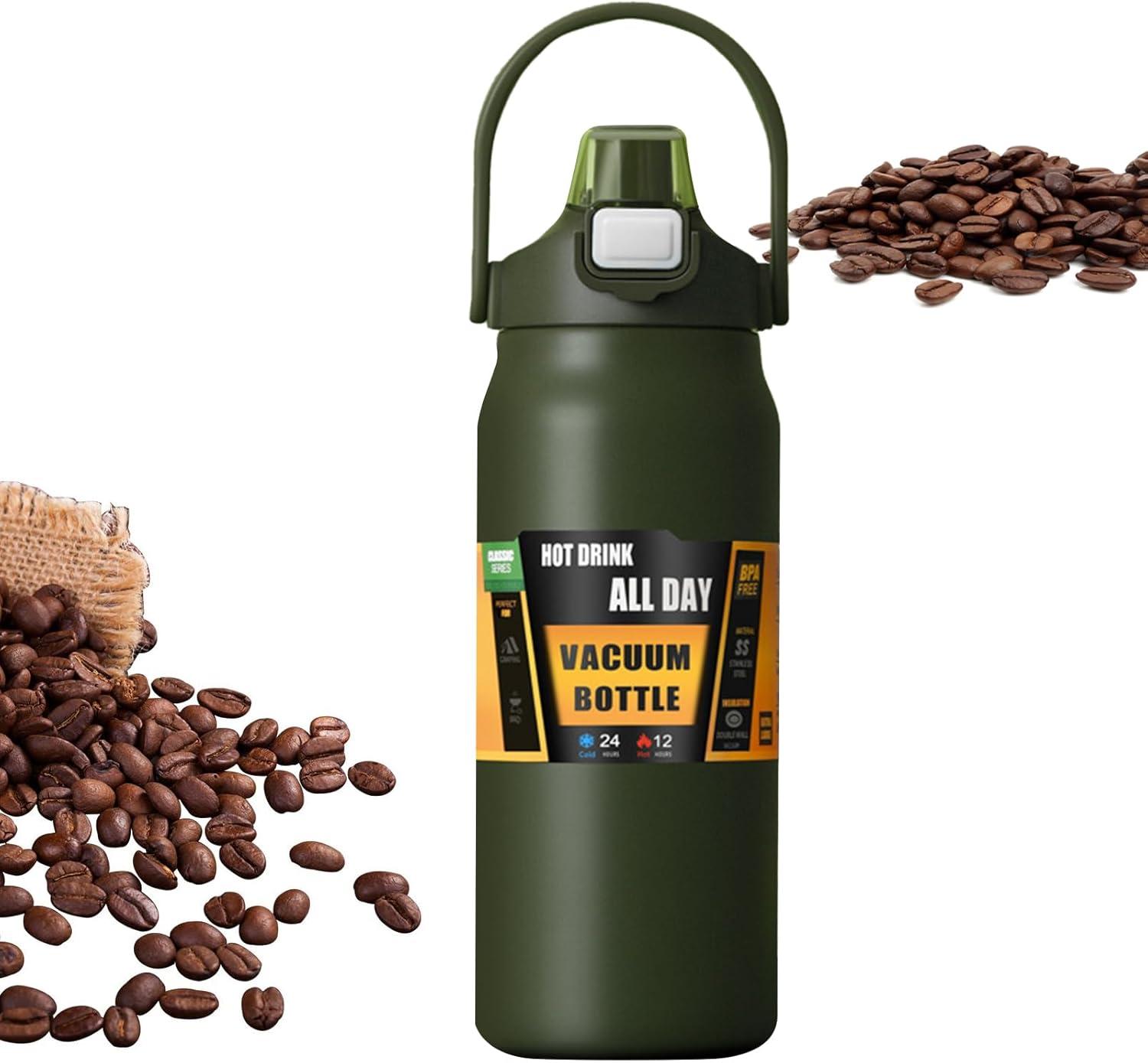 imageBouteilles Isothermes 1500ml Tasse En Acier Inoxydable Avec Paille Bouteille dEau Sportivepour Adultes Femmes Hommes cole Sport Maison Voyage Boissons Chaudes et Boissons Froides CafVert Arme