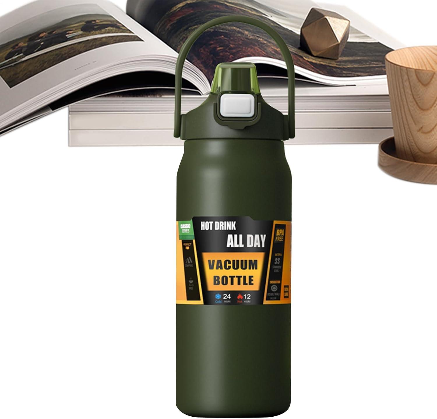 imageBouteilles Isothermes 1500ml Tasse En Acier Inoxydable Avec Paille Bouteille dEau Sportivepour Adultes Femmes Hommes cole Sport Maison Voyage Boissons Chaudes et Boissons Froides CafVert Arme