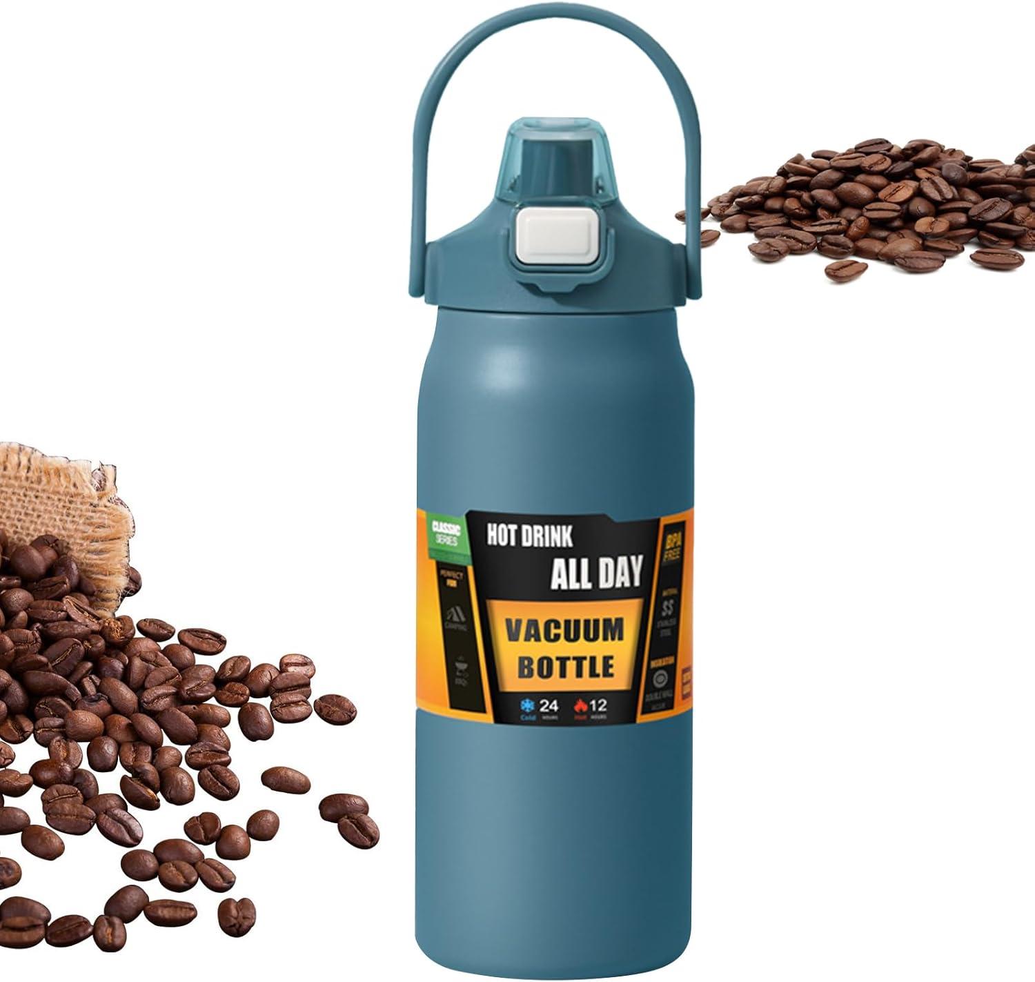 imageBouteilles Isothermes 1500ml Tasse En Acier Inoxydable Avec Paille Bouteille dEau Sportivepour Adultes Femmes Hommes cole Sport Maison Voyage Boissons Chaudes et Boissons Froides CafBleu Fonc