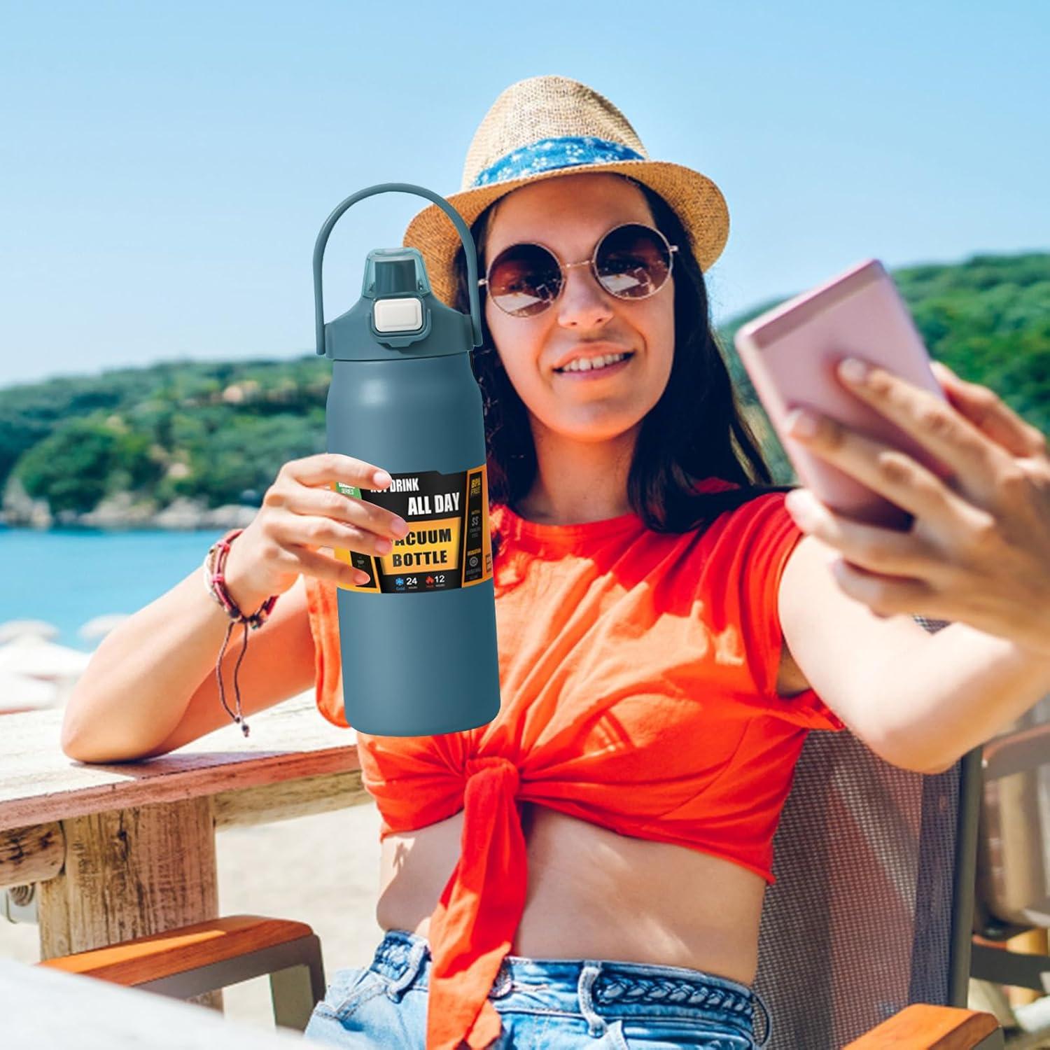 imageBouteilles Isothermes 1500ml Tasse En Acier Inoxydable Avec Paille Bouteille dEau Sportivepour Adultes Femmes Hommes cole Sport Maison Voyage Boissons Chaudes et Boissons Froides CafBleu Fonc