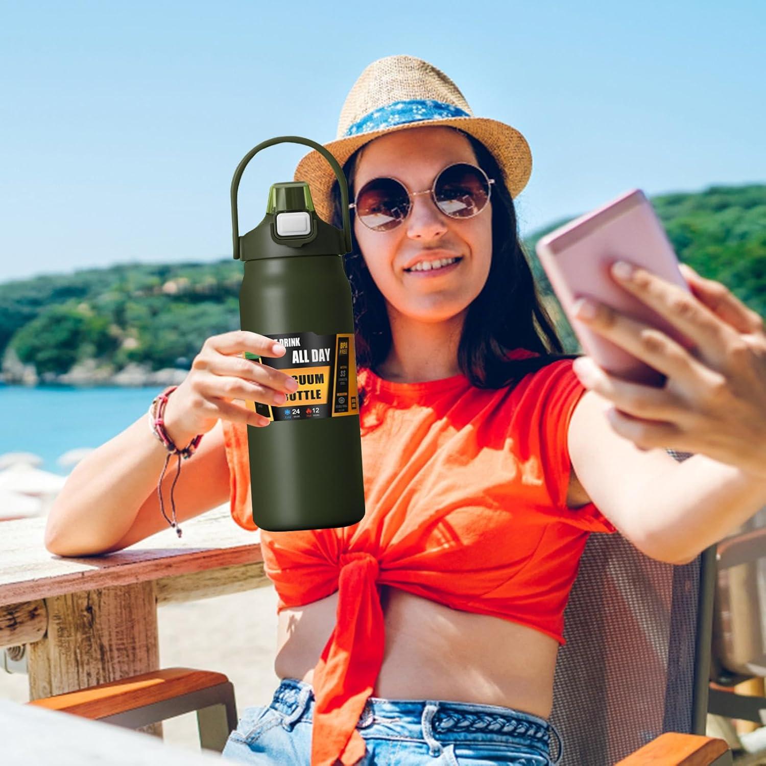 imageBouteilles Isothermes 1500ml Tasse En Acier Inoxydable Avec Paille Bouteille dEau Sportivepour Adultes Femmes Hommes cole Sport Maison Voyage Boissons Chaudes et Boissons Froides CafVert Arme