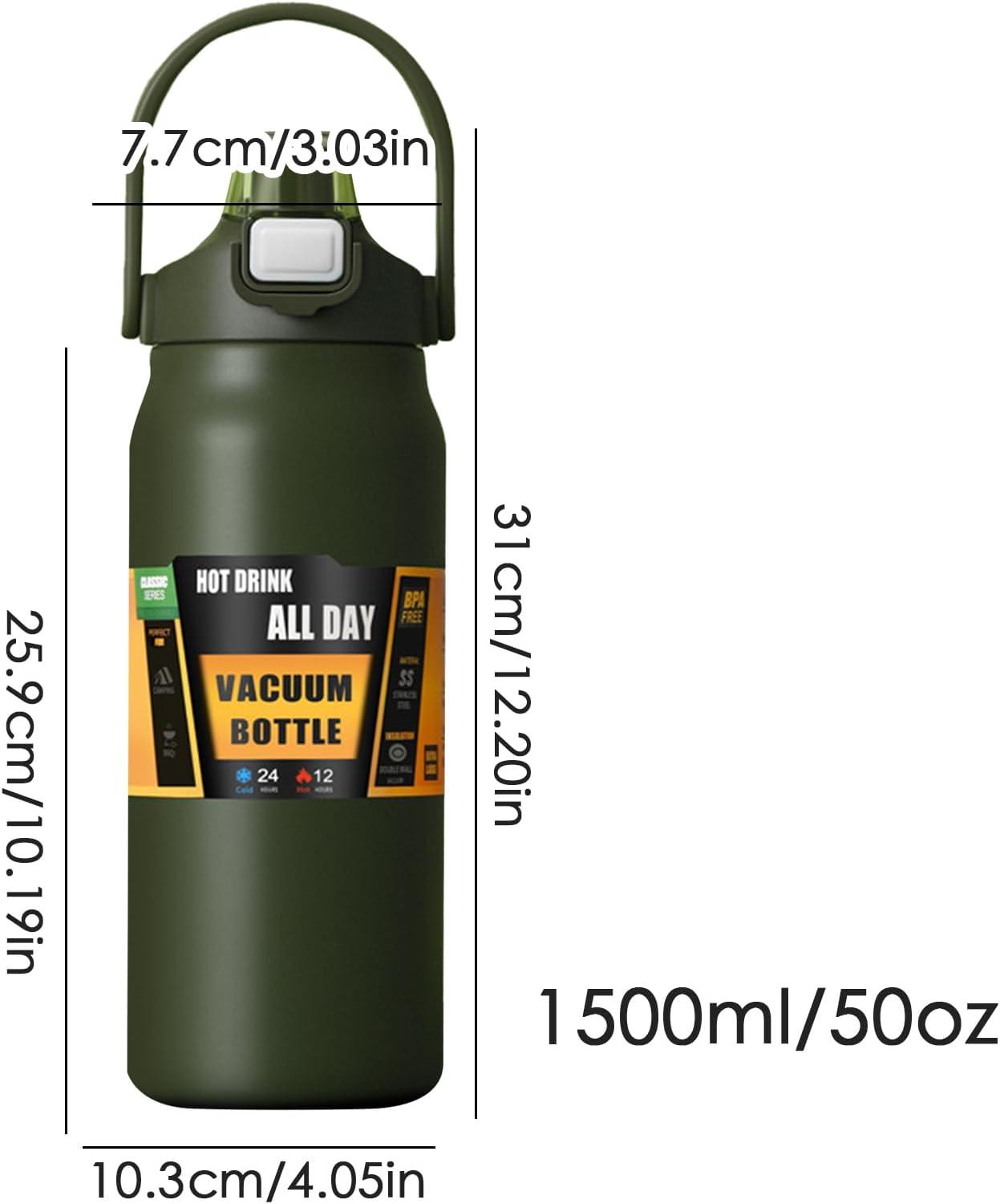 imageBouteilles Isothermes 1500ml Tasse En Acier Inoxydable Avec Paille Bouteille dEau Sportivepour Adultes Femmes Hommes cole Sport Maison Voyage Boissons Chaudes et Boissons Froides CafVert Arme