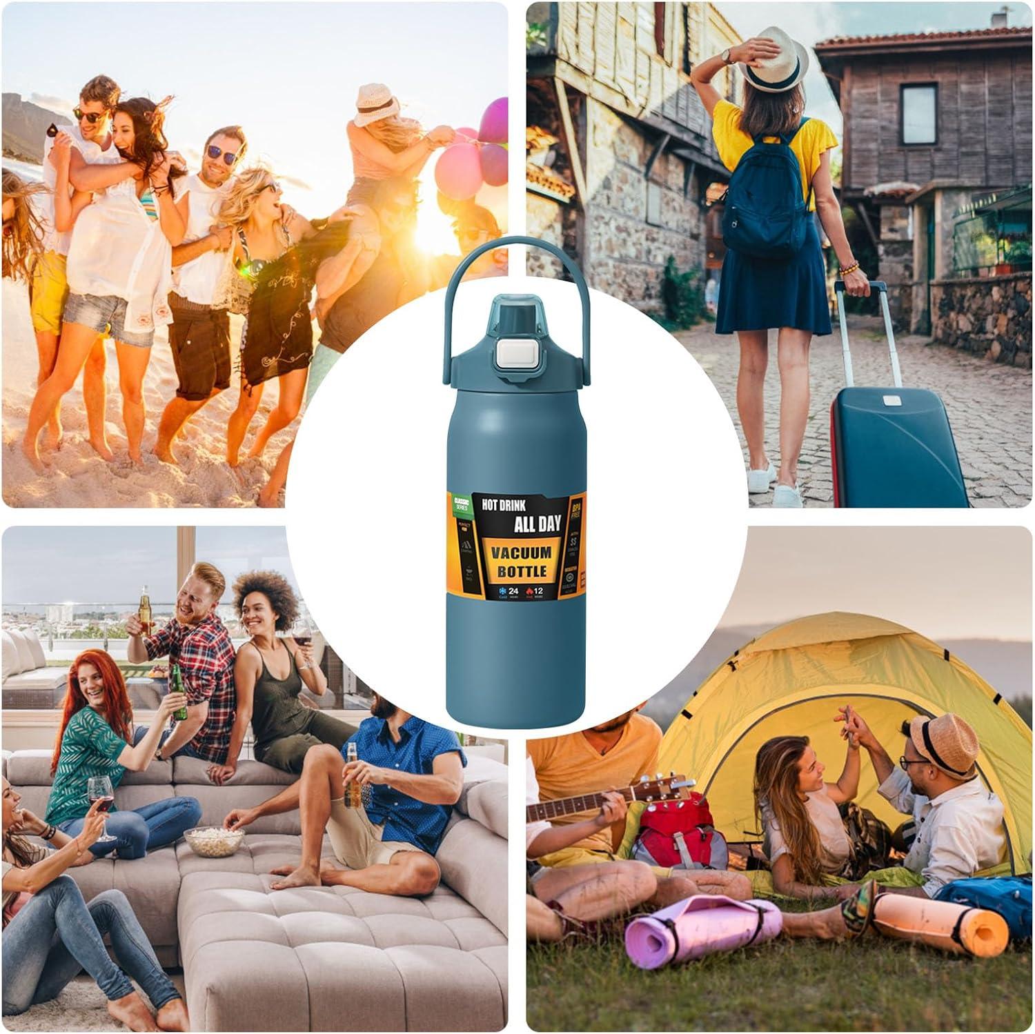 imageBouteilles Isothermes 1500ml Tasse En Acier Inoxydable Avec Paille Bouteille dEau Sportivepour Adultes Femmes Hommes cole Sport Maison Voyage Boissons Chaudes et Boissons Froides CafBleu Fonc