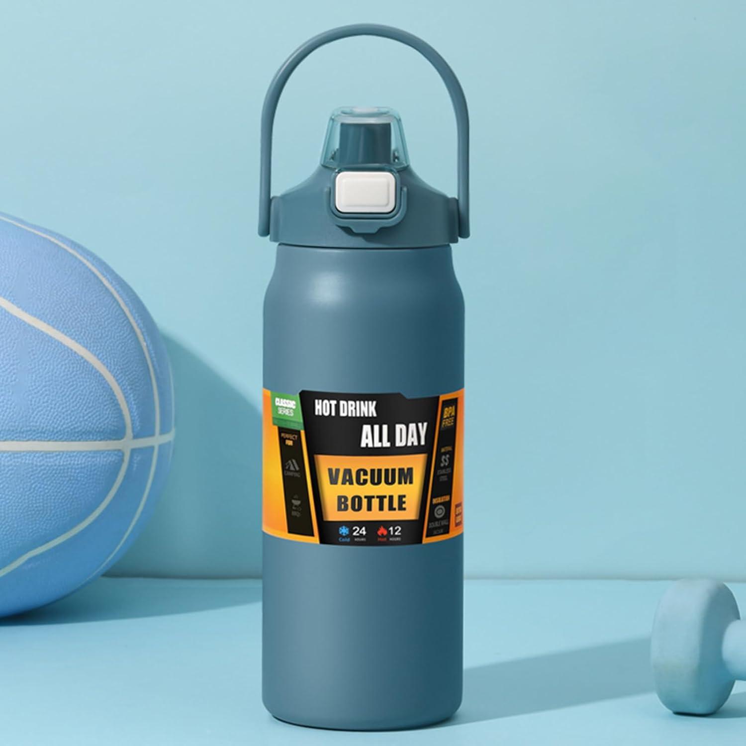 imageBouteilles Isothermes 1500ml Tasse En Acier Inoxydable Avec Paille Bouteille dEau Sportivepour Adultes Femmes Hommes cole Sport Maison Voyage Boissons Chaudes et Boissons Froides CafBleu Fonc