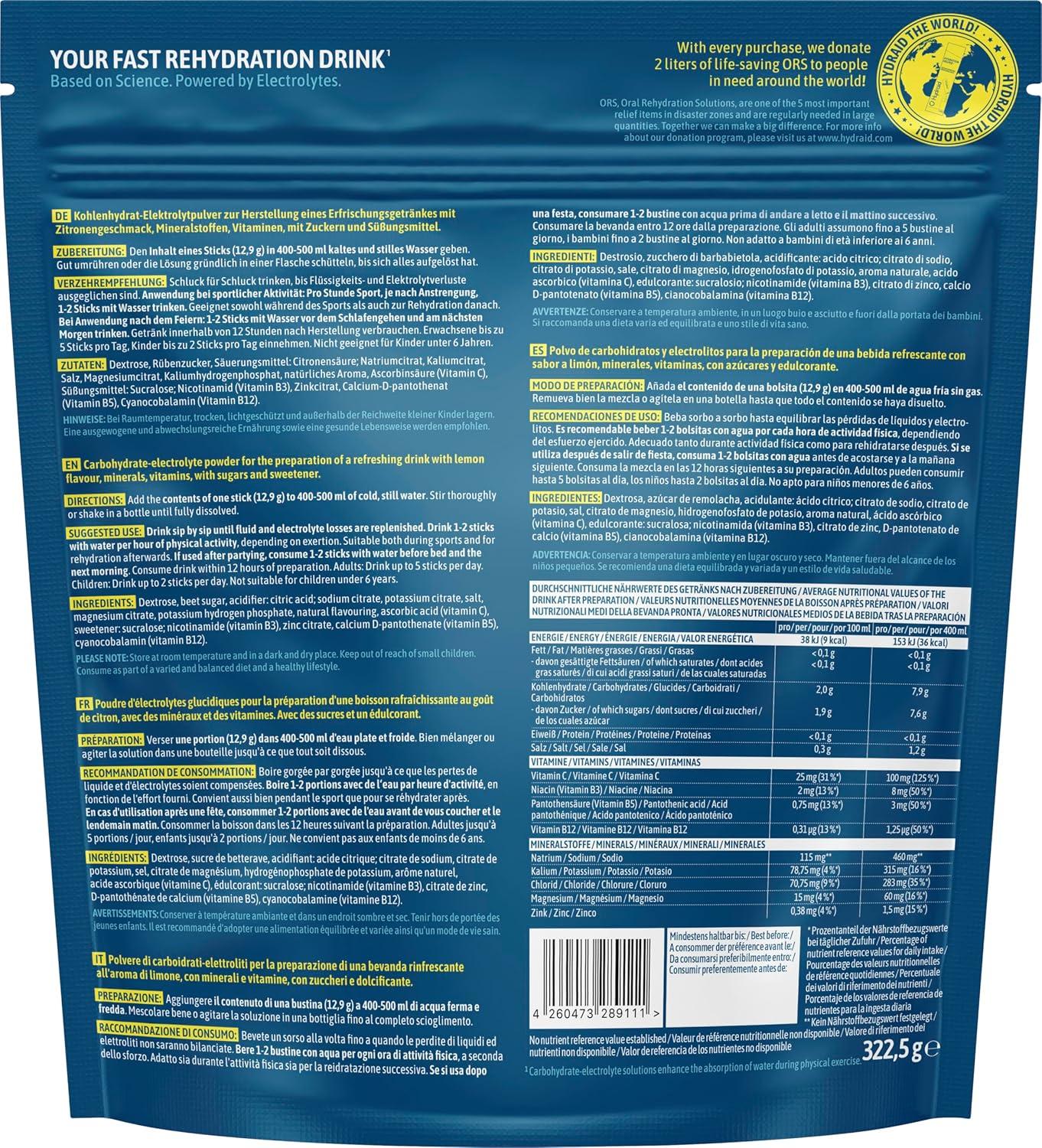 imageHYDRAID Hydration Helper BERRY Boisson lectrolyte Premium 1118mg dlectrolytes pour Sport ampamp Rcupration Rapide 25 Sachets Saveur Fruits des BoisCitron