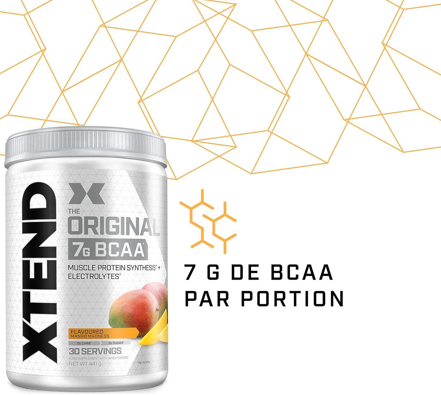 imagePoudre XTEND Original aux BCAA citroncitron vert complment alimentaire aux acides amins ramifis 7 g de BCAA lectrolytes pour rcupration et hydratation 30 portionsMangue