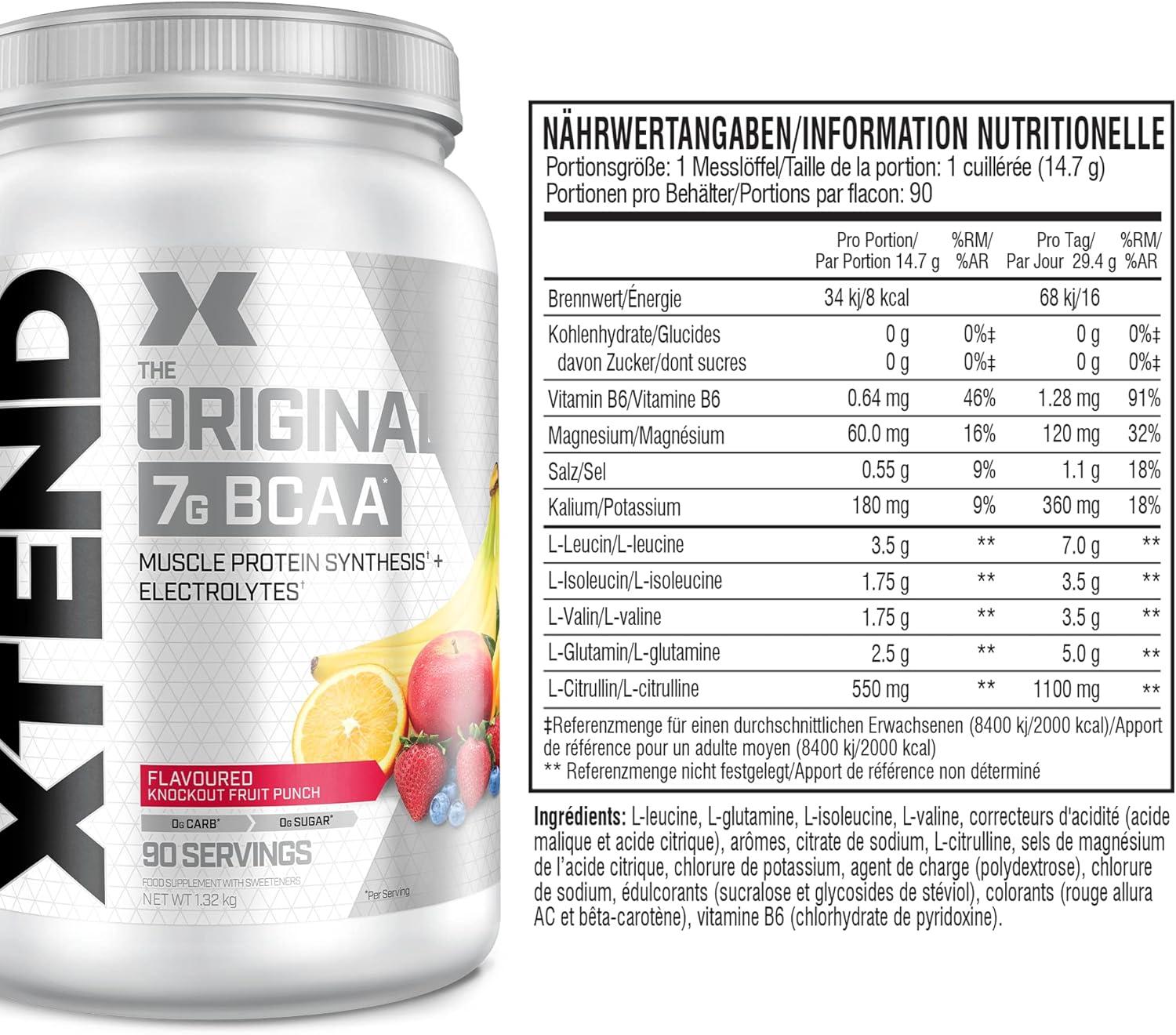 imagePoudre XTEND Original aux BCAA citroncitron vert complment alimentaire aux acides amins ramifis 7 g de BCAA lectrolytes pour rcupration et hydratation 30 portionsJus de fruit
