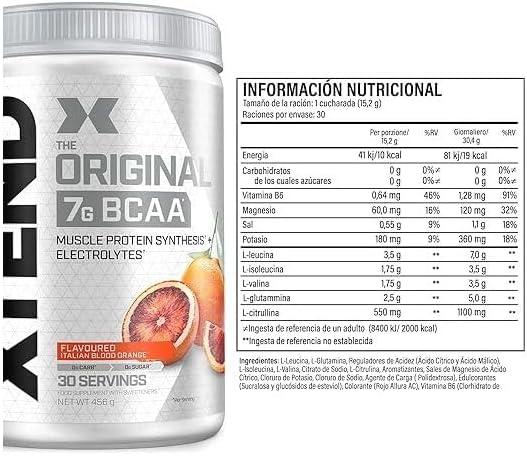 imagePoudre XTEND Original aux BCAA citroncitron vert complment alimentaire aux acides amins ramifis 7 g de BCAA lectrolytes pour rcupration et hydratation 30 portionsOrange sanguine