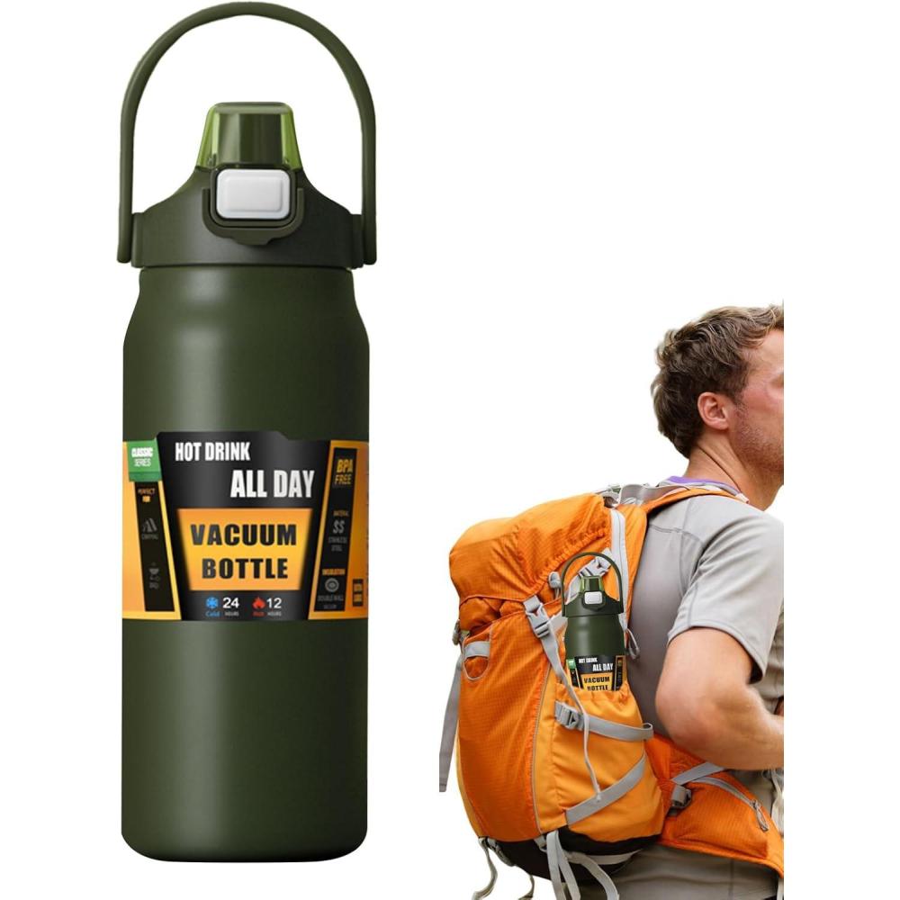 imageBouteilles Isothermes  1500ml Tasse En Acier Inoxydable Avec Paille  Bouteille dEau Sportivepour Adultes Femmes Hommes cole Sport Maison Voyage Boissons Chaudes et Boissons Froides CafVert Arme